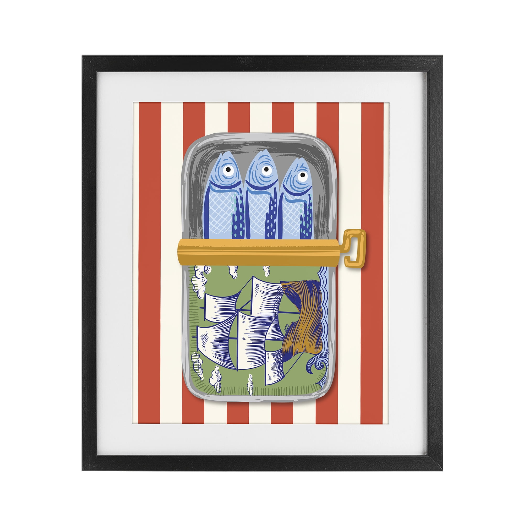 Stupell Industries Sardines with Antique Ship Black Framed Print Under Glass, design by Arrolynn Weiderhold