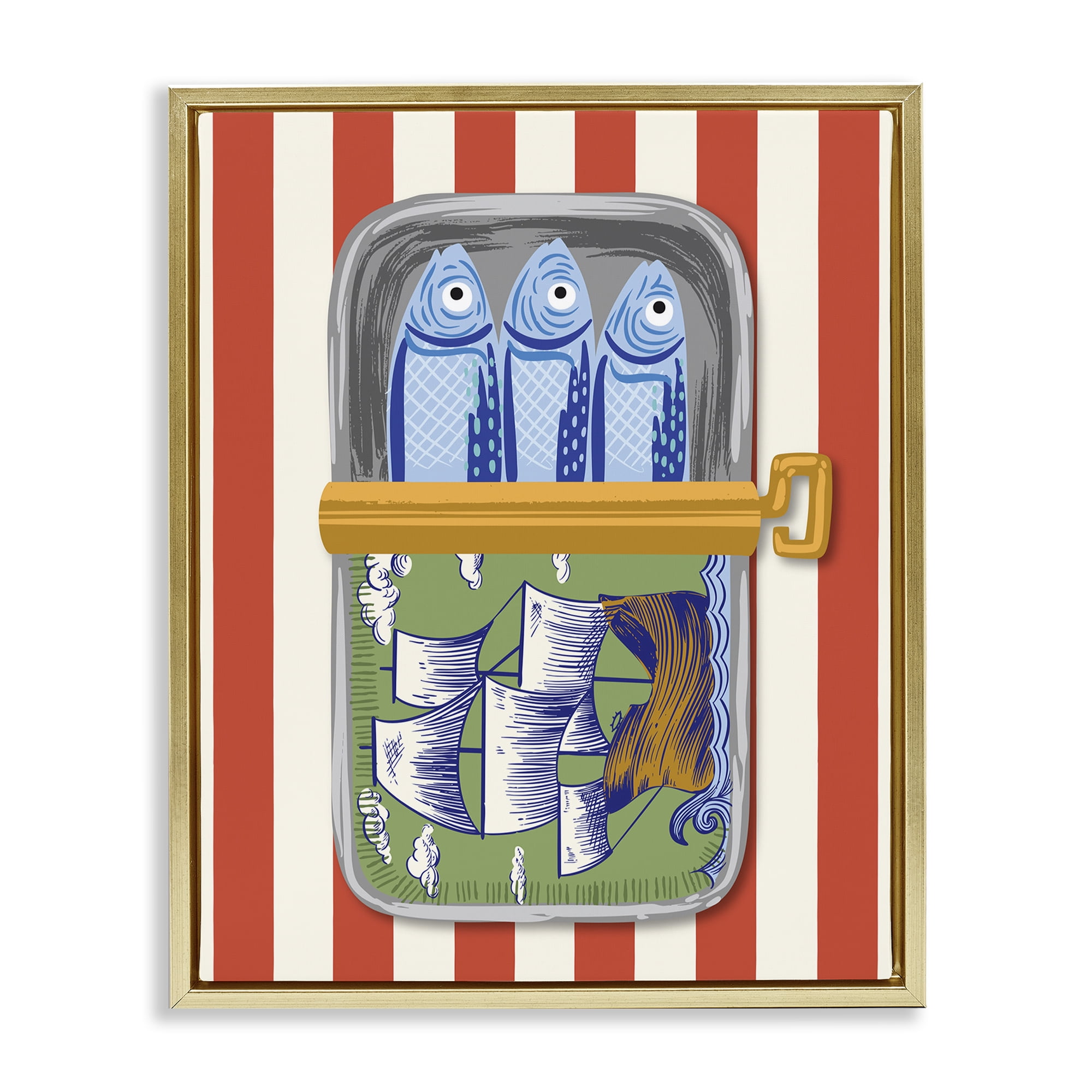 Stupell Industries Sardines with Antique Ship Gold Framed Floater Canvas Wall Art, design by Arrolynn Weiderhold
