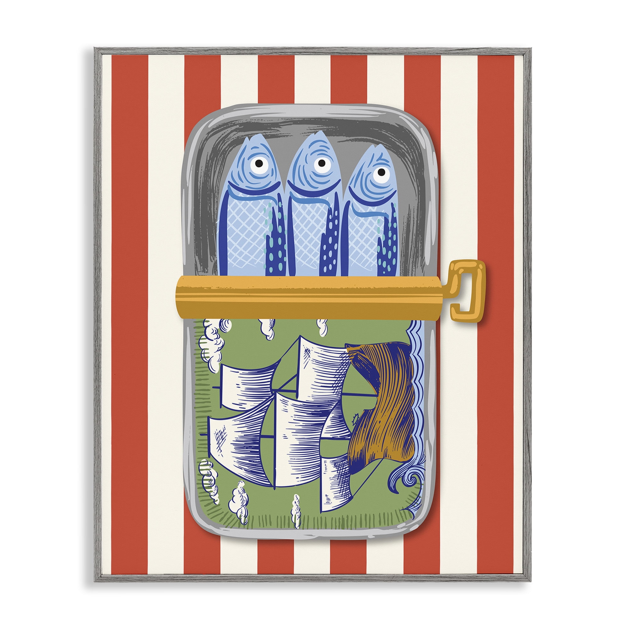Stupell Industries Sardines with Antique Ship Gray Framed Giclee Art, design by Arrolynn Weiderhold