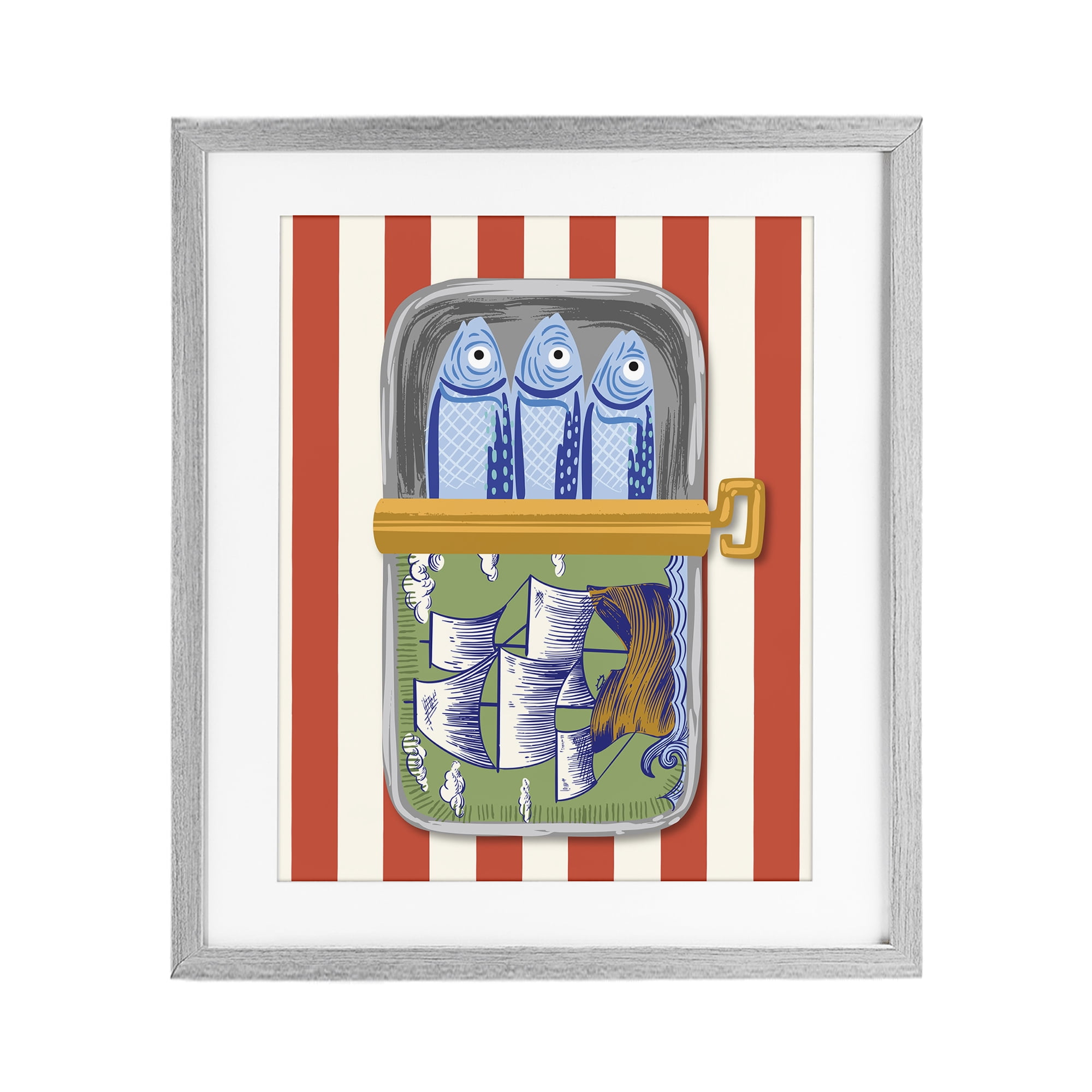 Stupell Industries Sardines with Antique Ship Gray Framed Print Under Glass, design by Arrolynn Weiderhold