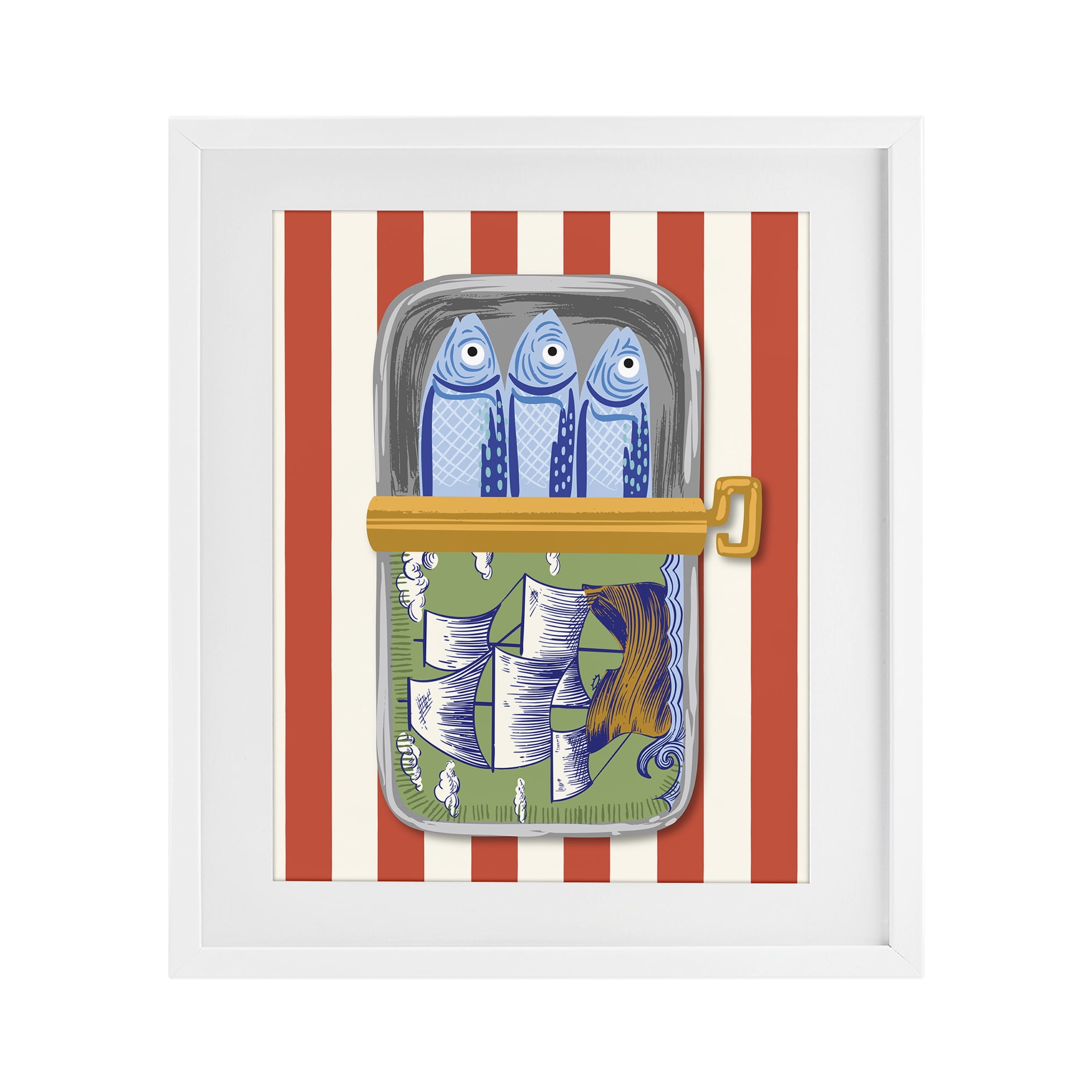 Stupell Industries Sardines with Antique Ship White Framed Print Under Glass, design by Arrolynn Weiderhold