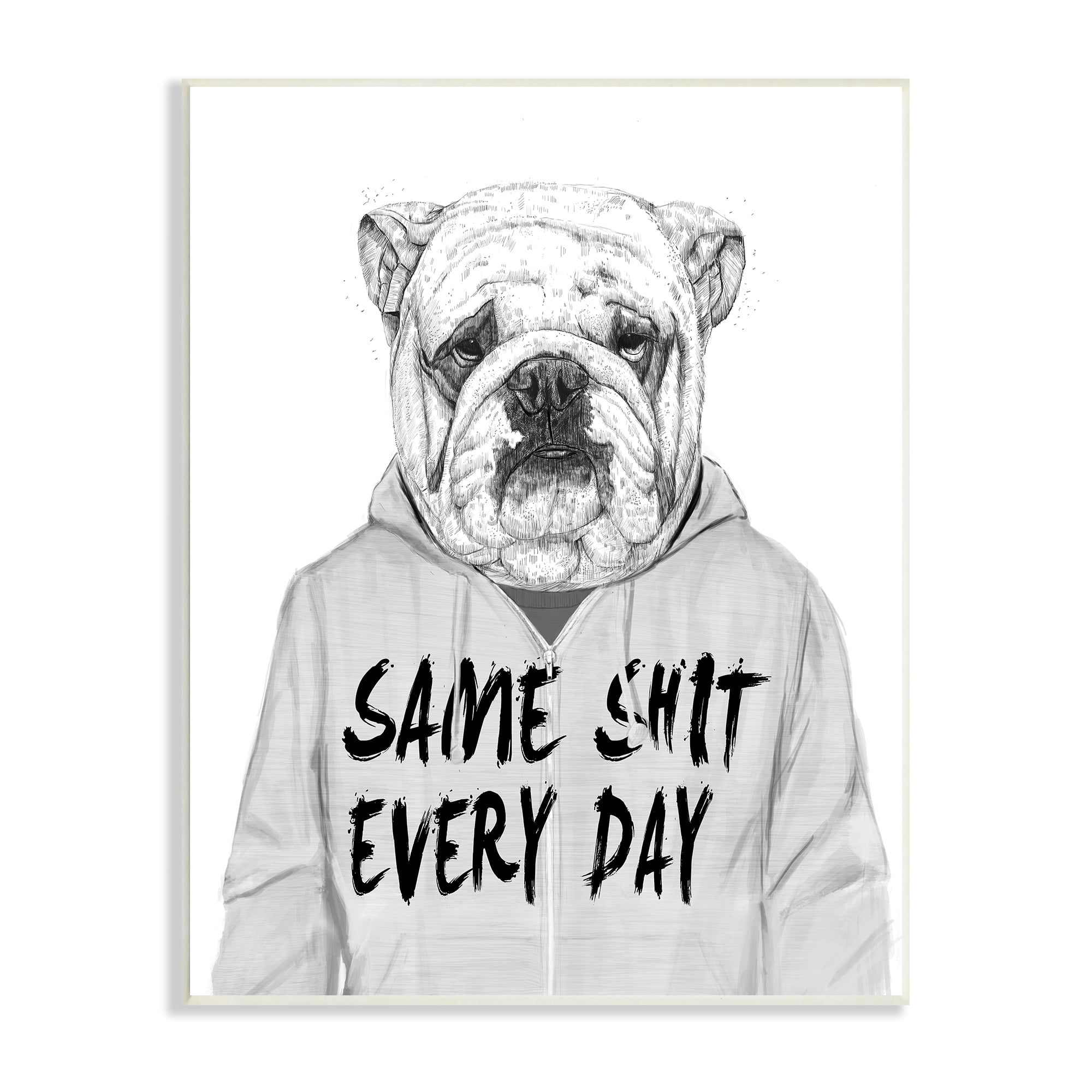 Stupell Industries Sassy Bulldog Sweater Same S* Every Day Phrase Wood Wall Art, 10 x 15, Design by Balazs Solti