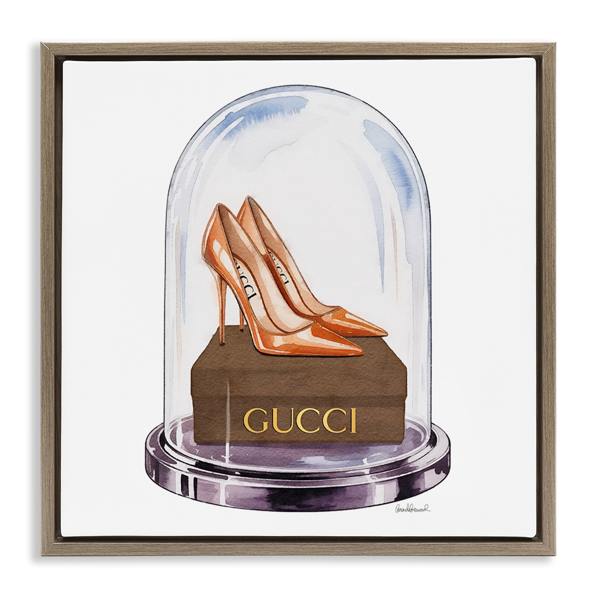 Stupell Industries Satin Heels in Bell Jar Brown Framed Floater Canvas Wall Art, design by Amanda Greenwood