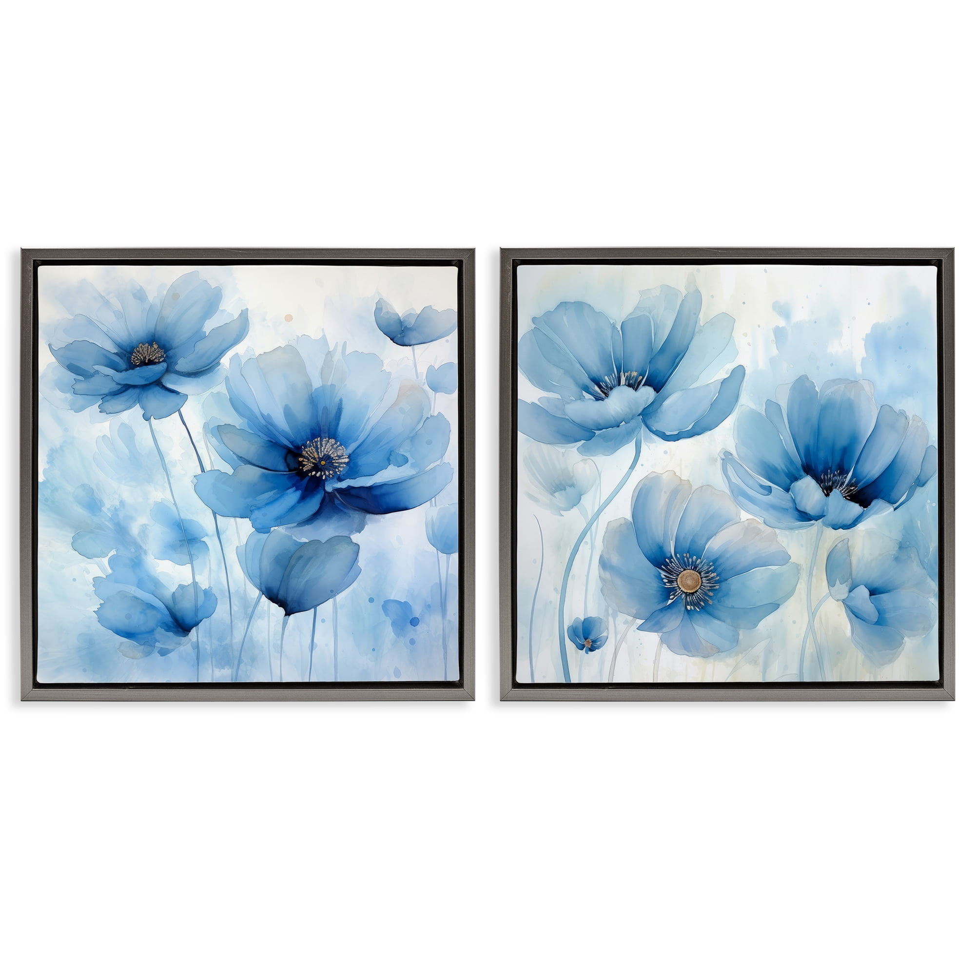 Stupell Industries Saturated Blue Blossoms Plants & Flowers Painting Gray Floater Framed Canvas Art Print Wall Art, 25 x 25, Set of 2