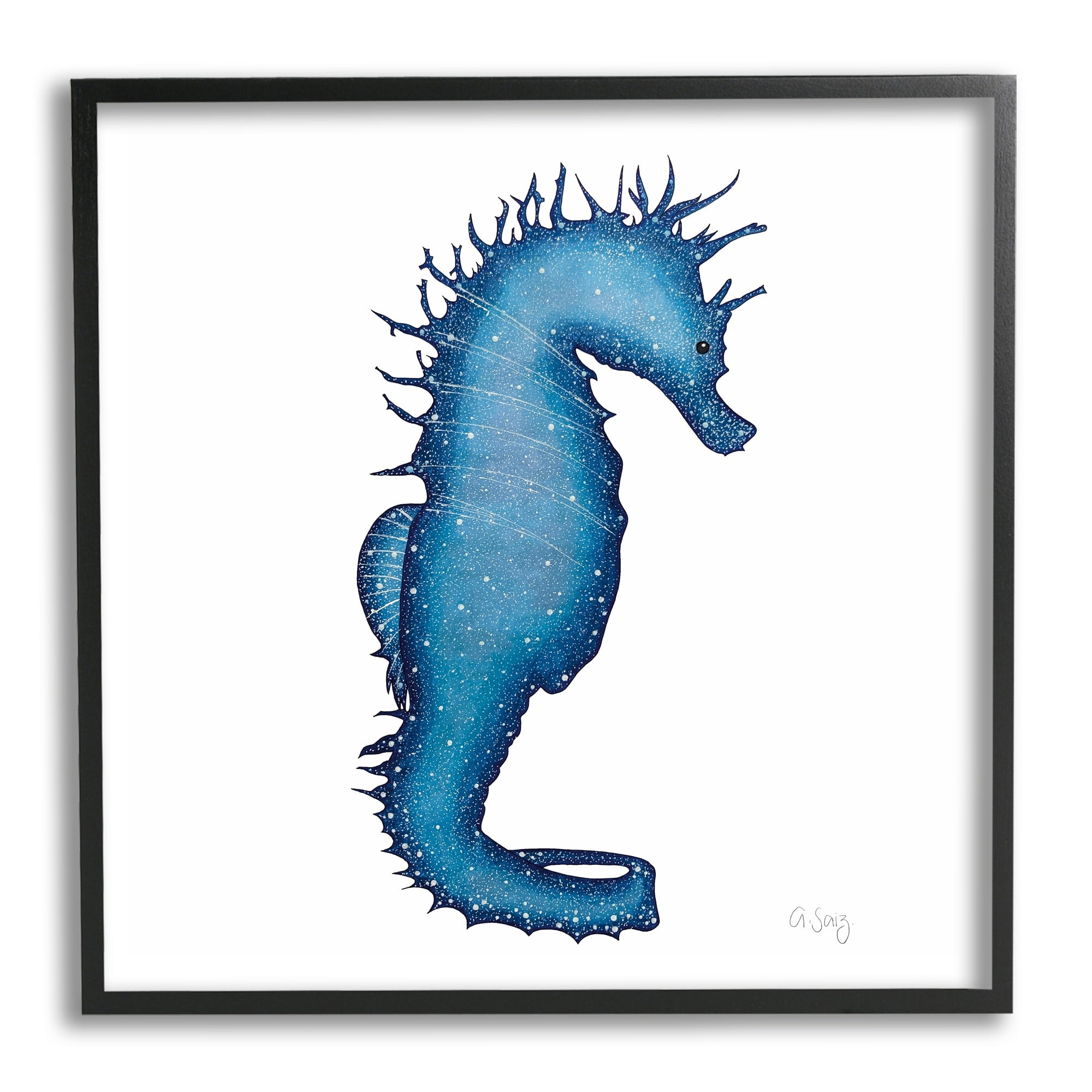 Stupell Industries Saturated Seahorse Blue Speckled Stars Sea Life Framed Wall Art, 17 x 30, Design by Ale Saiz Studio
