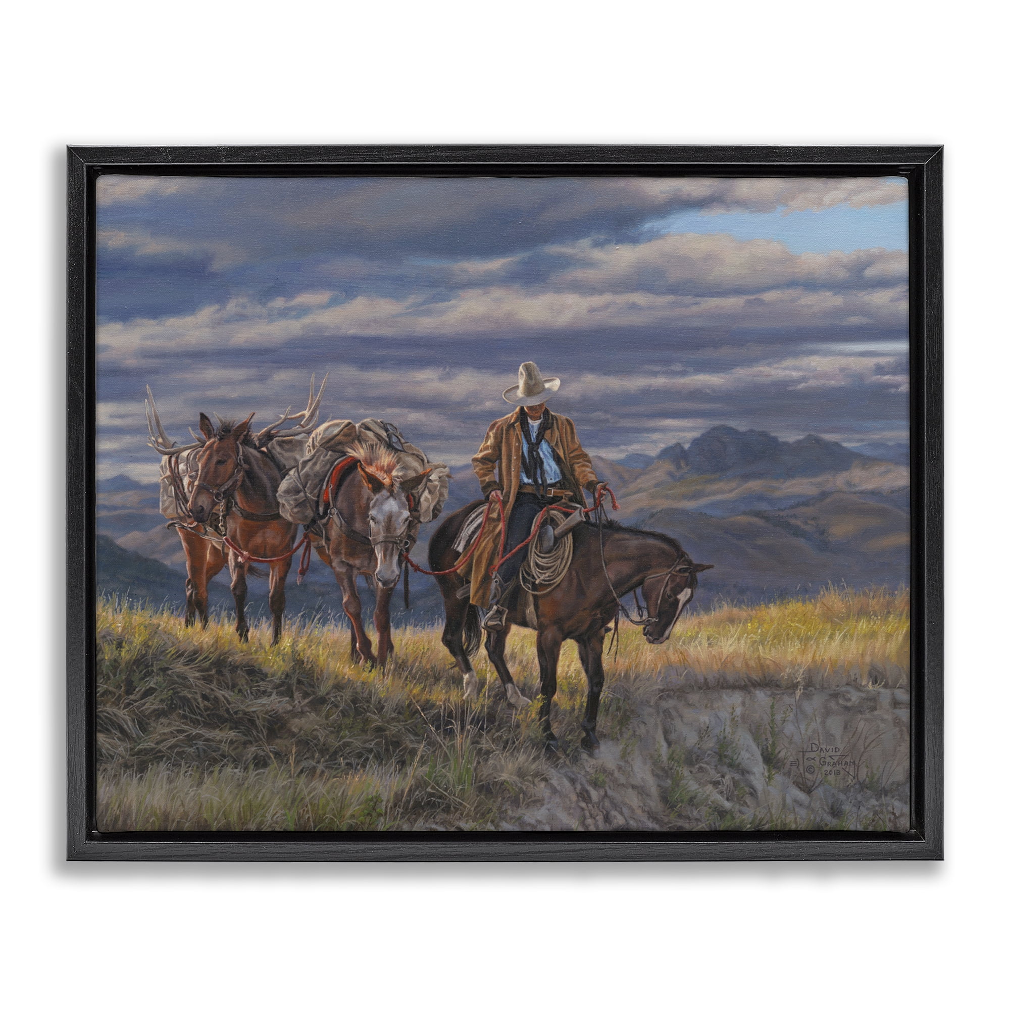 Stupell Industries Sauntering Cowboy & Horses Landscape Painting Black Floater Framed Canvas Art Print Wall Art, 31 x 25