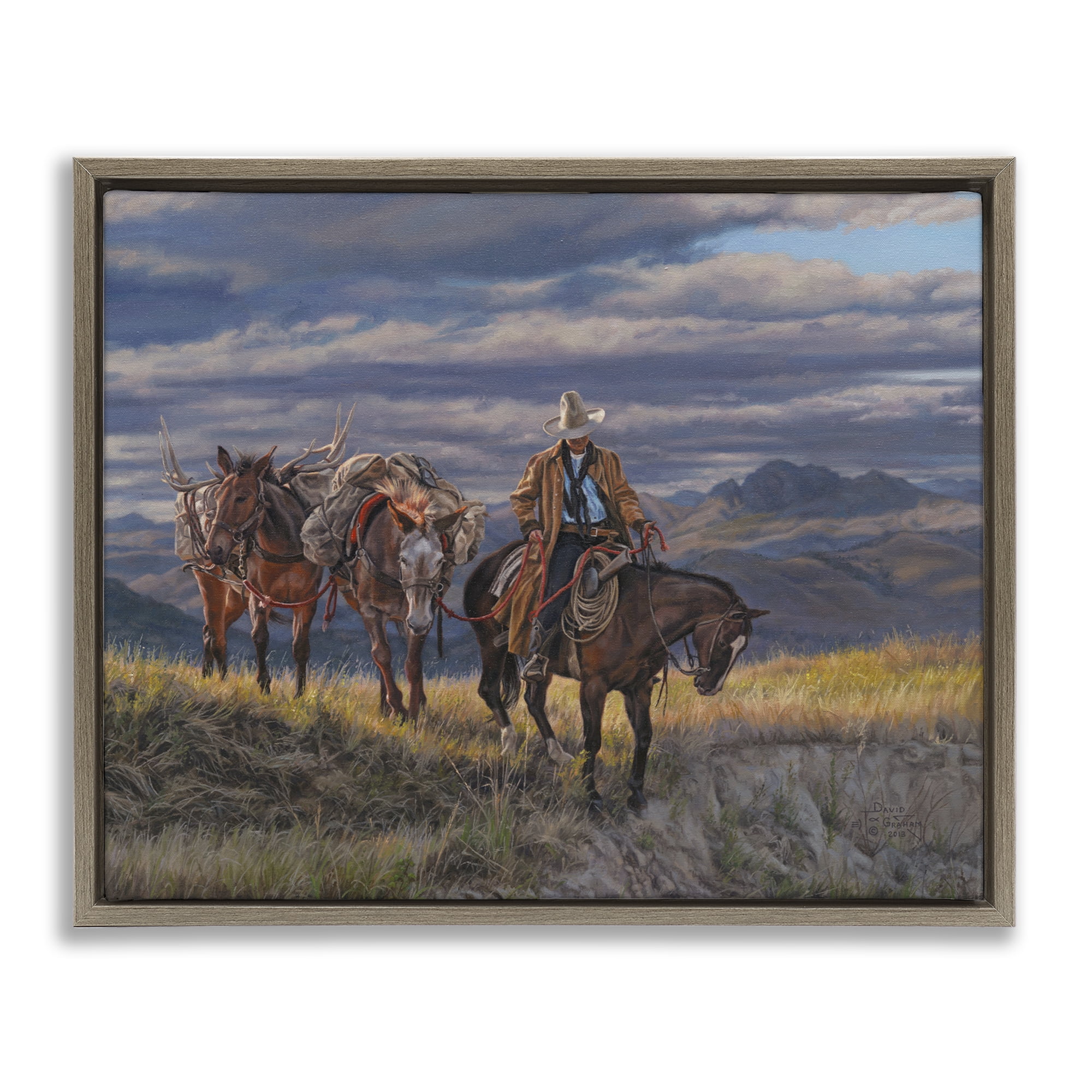 Stupell Industries Sauntering Cowboy & Horses Landscape Painting Brown Floater Framed Canvas Art Print Wall Art, 21 x 17
