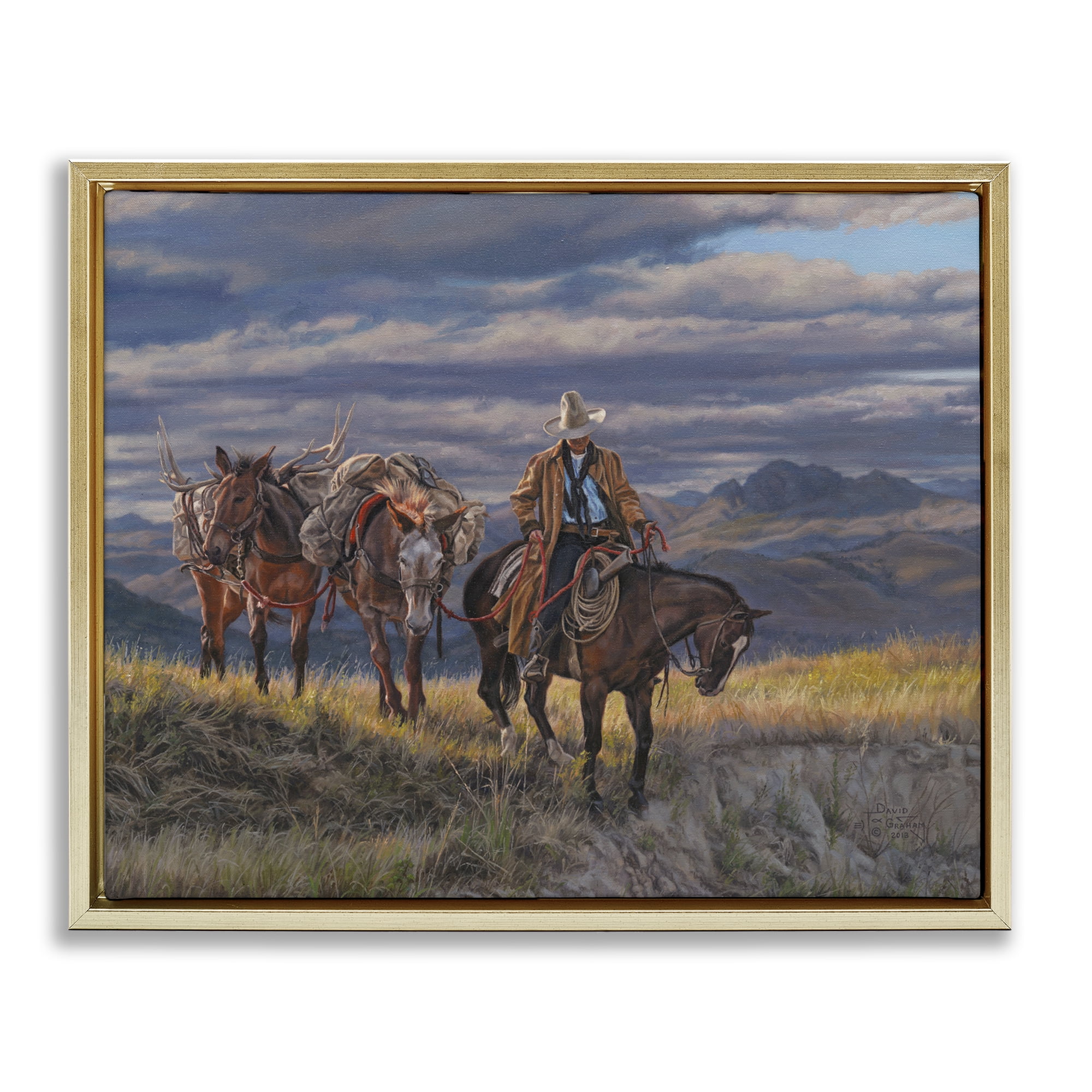 Stupell Industries Sauntering Cowboy & Horses Landscape Painting Gold Floater Framed Canvas Art Print Wall Art, 21 x 17