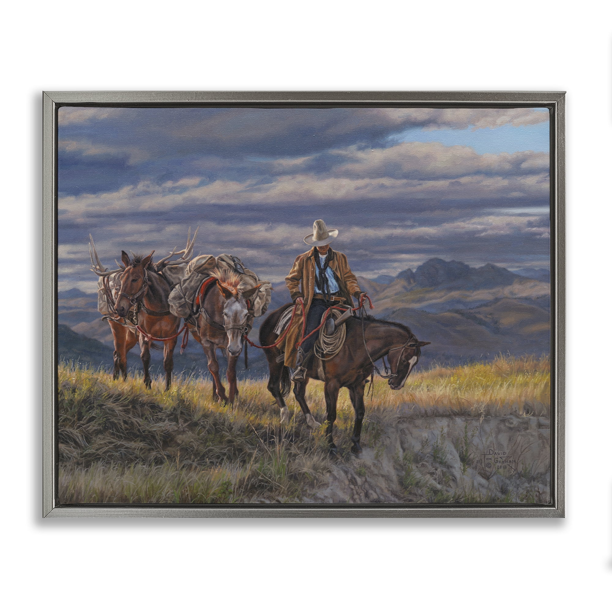 Stupell Industries Sauntering Cowboy & Horses Landscape Painting Gray Floater Framed Canvas Art Print Wall Art, 21 x 17