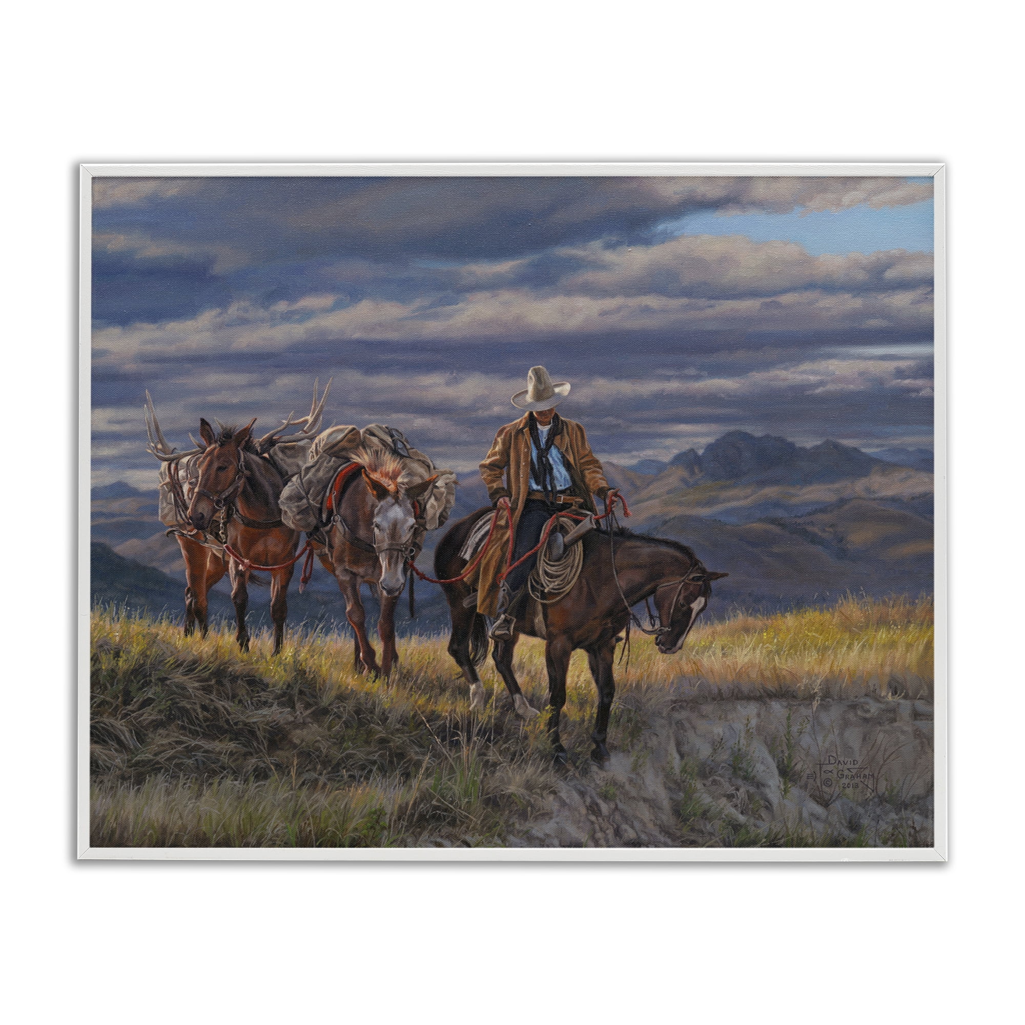 Stupell Industries Sauntering Cowboy & Horses Landscape Painting White Framed Art Print Wall Art, 20 x 16