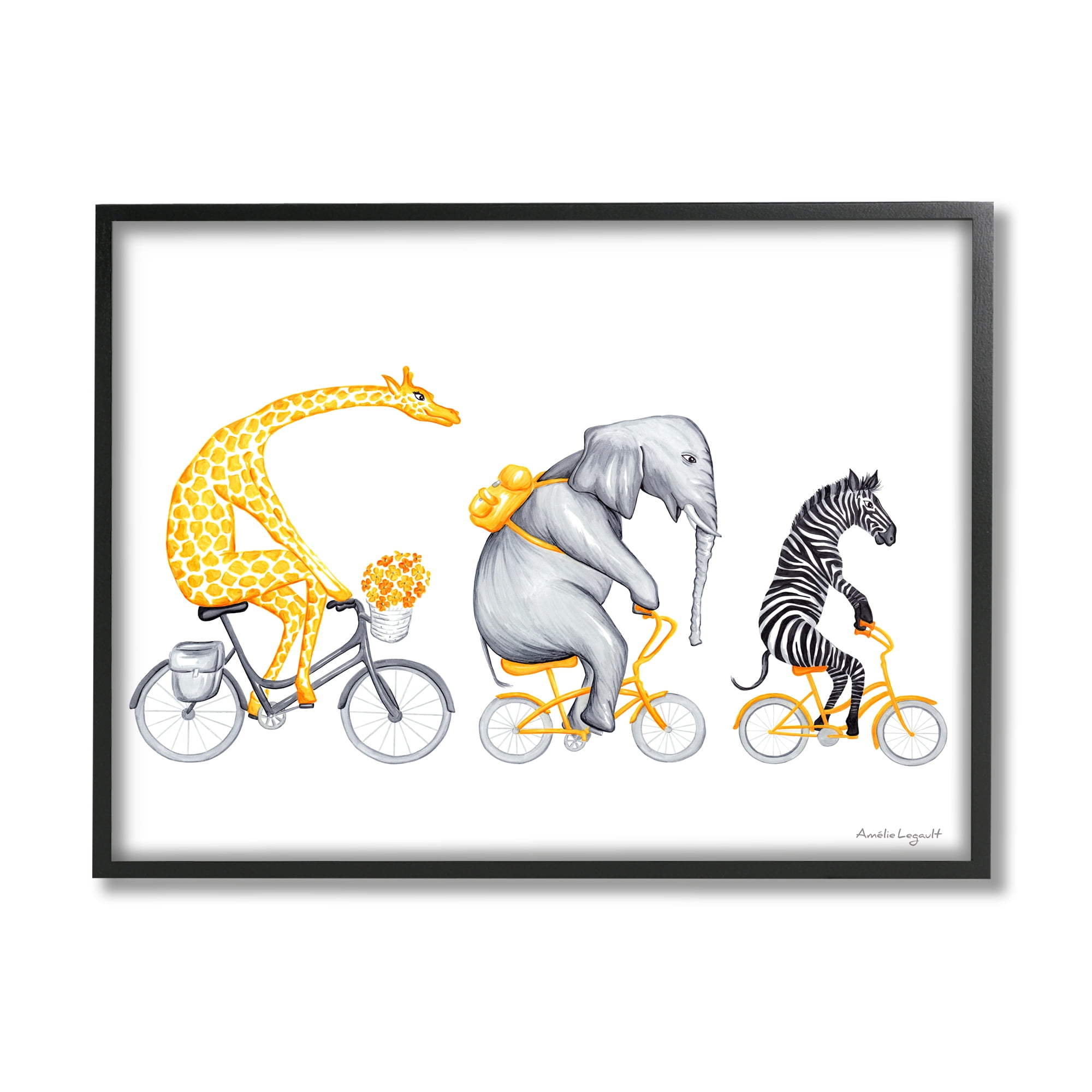 Stupell Industries Savanna Animals Riding Bikes Bicycles Yellow Accent Graphic Art Black Framed Art Print Wall Art, Design by Amelie Legault