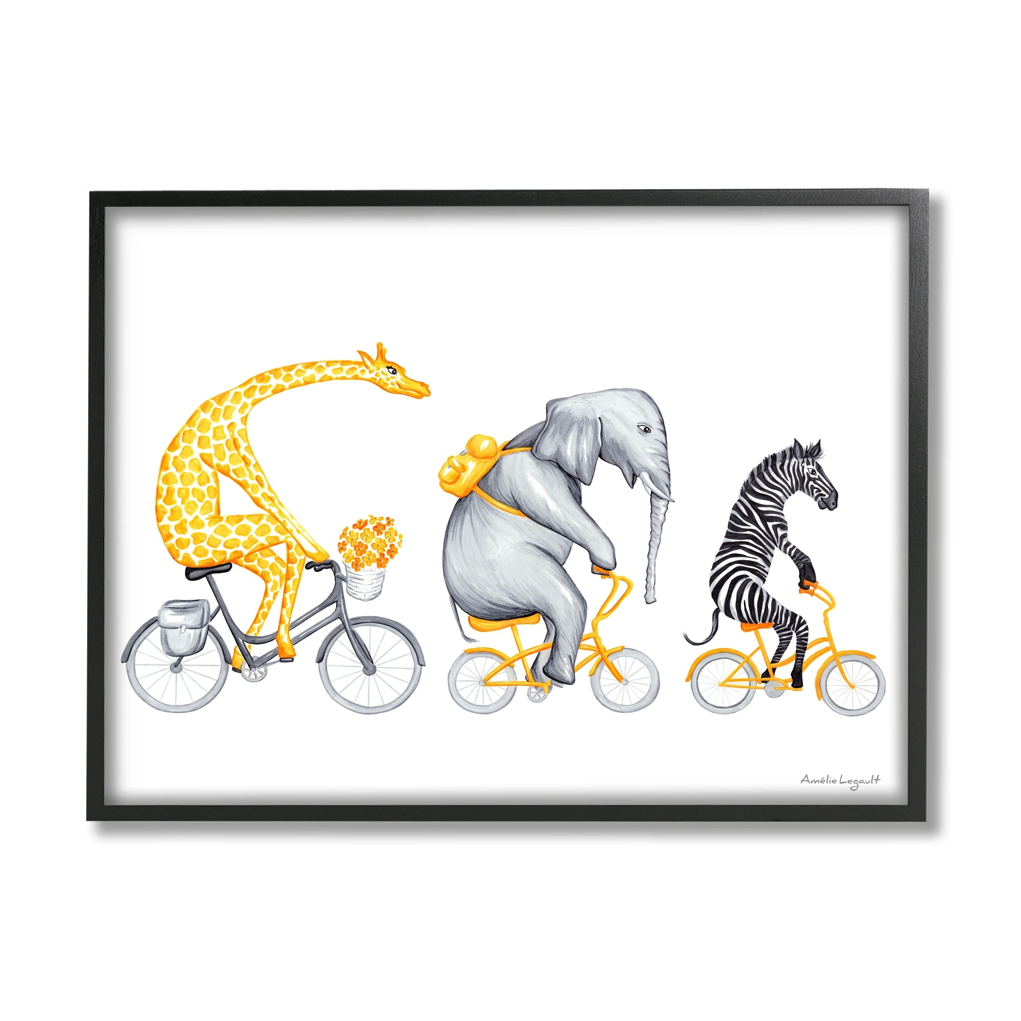 Stupell Industries Savanna Animals Riding Bikes Bicycles Yellow Accent Graphic Art Black Framed Art Print Wall Art, Design by Amelie Legault