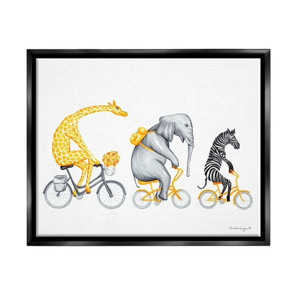 Stupell Industries Savanna Animals Riding Bikes Bicycles Yellow Accent Graphic Art Jet Black Floating Framed Canvas Print Wall Art, Design by Amelie Legault