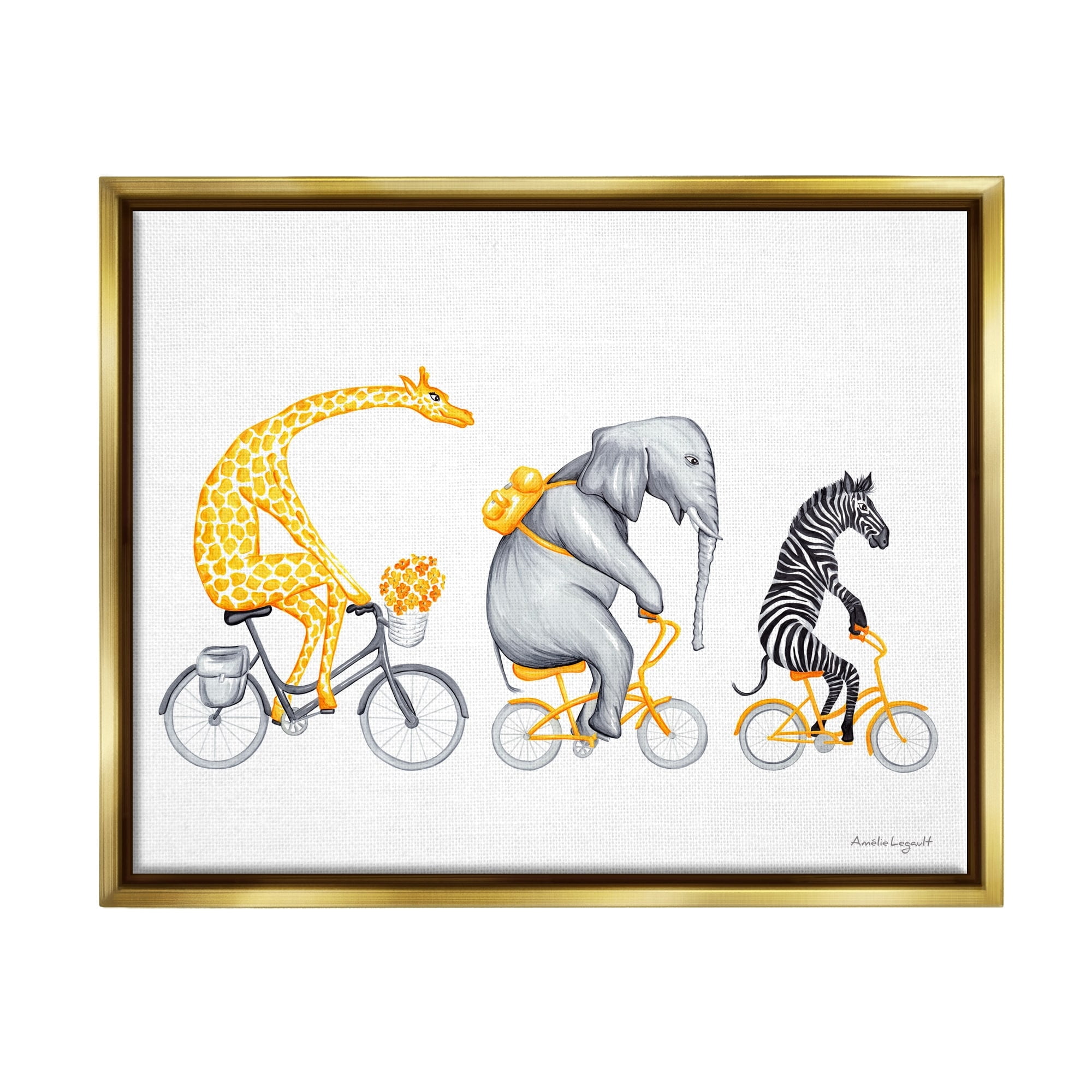 Stupell Industries Savanna Animals Riding Bikes Bicycles Yellow Accent Graphic Art Metallic Gold Floating Framed Canvas Print Wall Art, Design by Amelie Legault