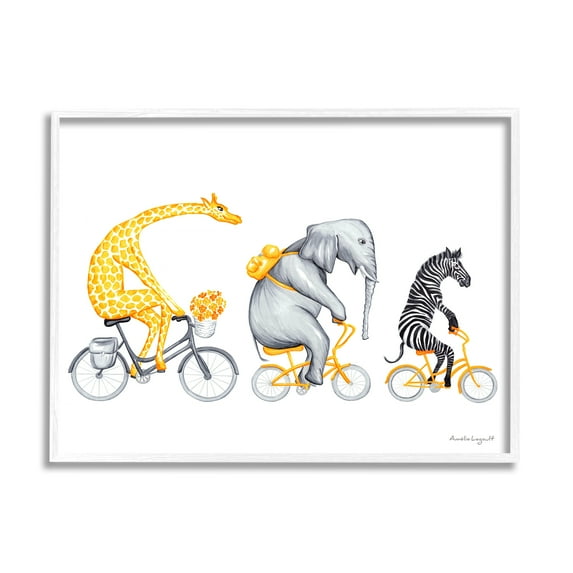 Stupell Industries Savanna Animals Riding Bikes Bicycles Yellow Accent Graphic Art White Framed Art Print Wall Art, Design by Amelie Legault
