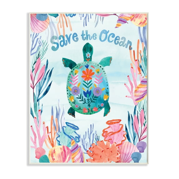 Stupell Industries Save The Ocean Sentiments Floral Pattern Tortoise,13 x 19,Designed by Corinne Lent