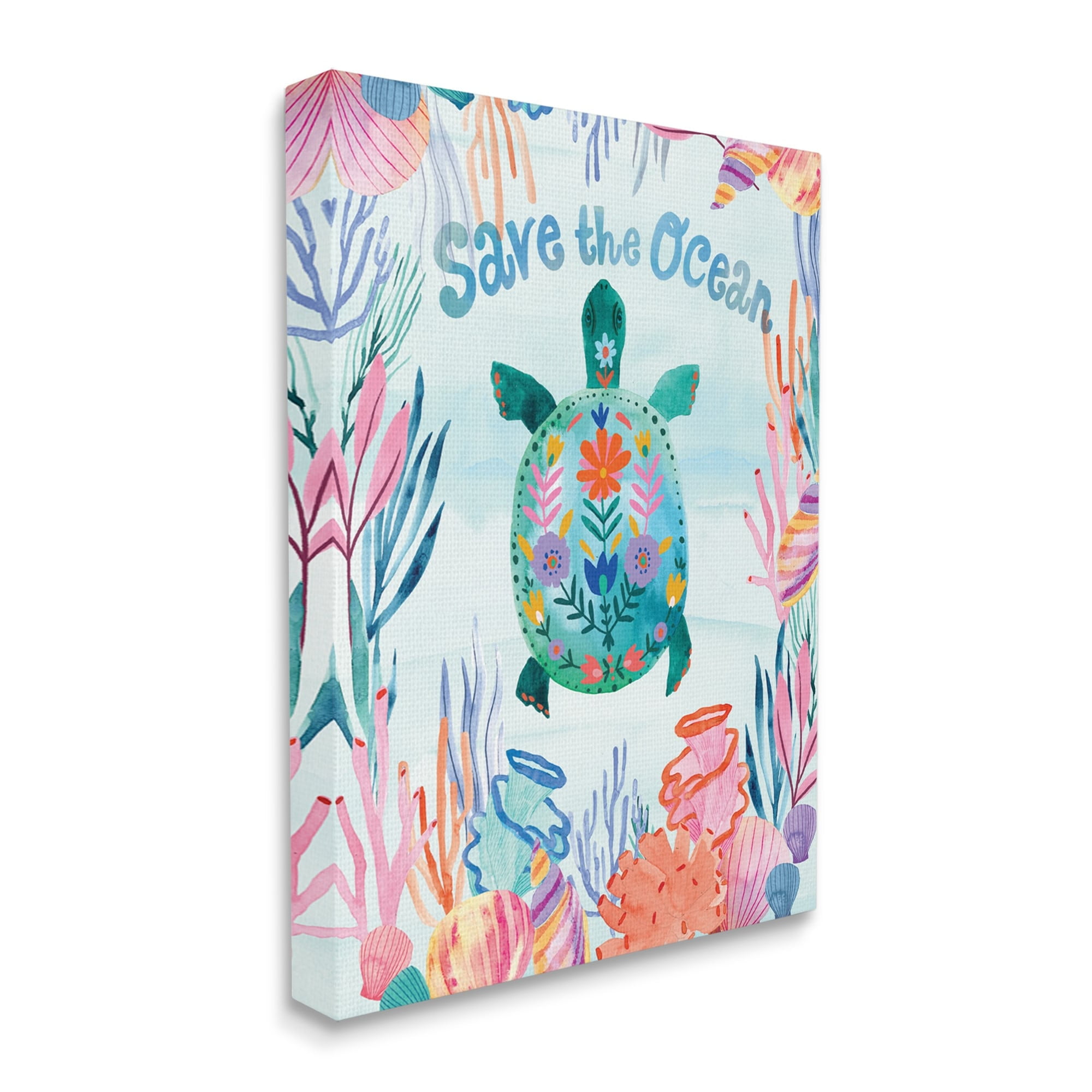 Stupell Industries Save The Ocean Sentiments Floral Pattern Tortoise,30 x 40,Designed by Corinne Lent
