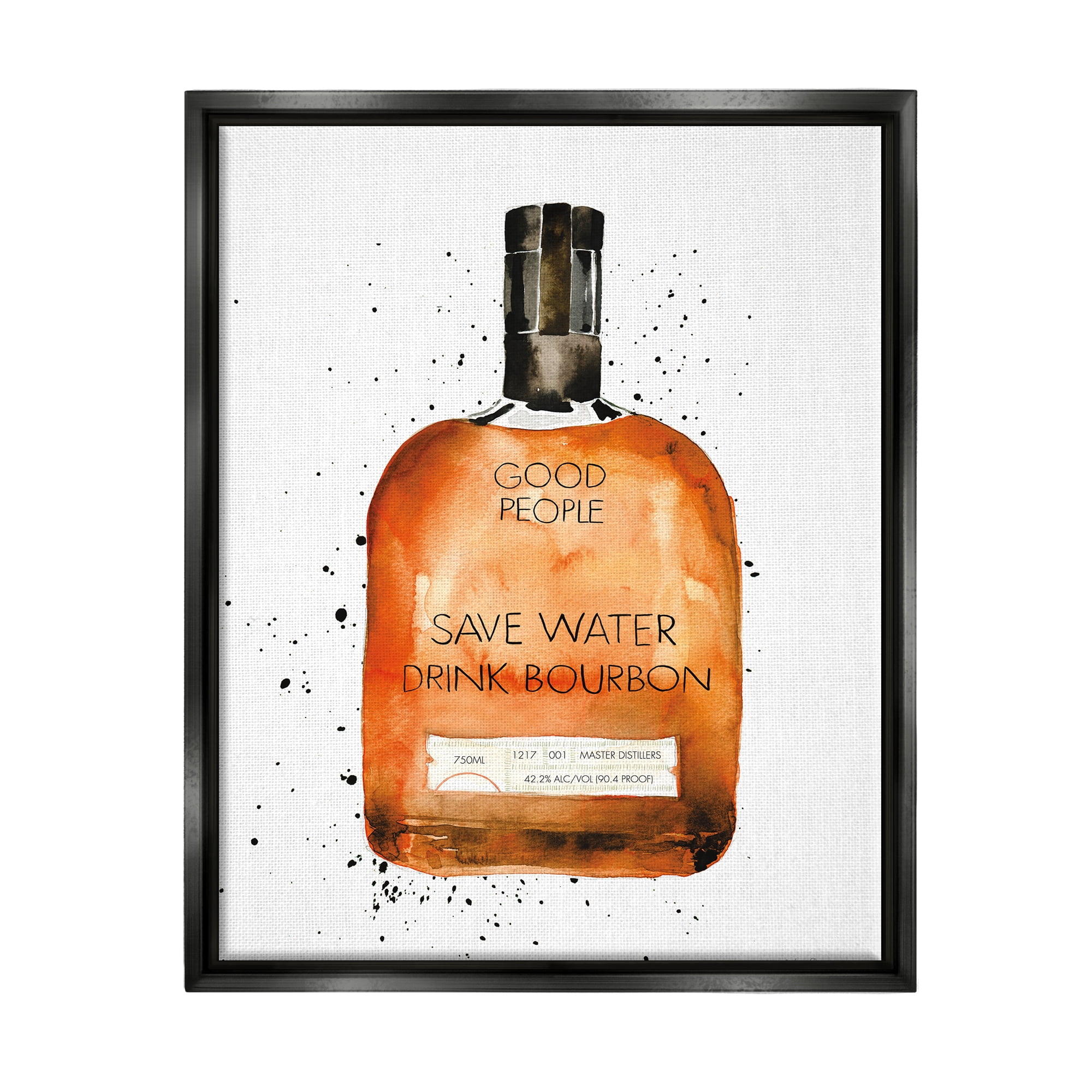 Stupell Industries Save Water Drink Bourbon Quote Common Liquor Bottle Jet Black Framed Floating Canvas Wall Art, 16x20, by Mercedes Lopez Charro