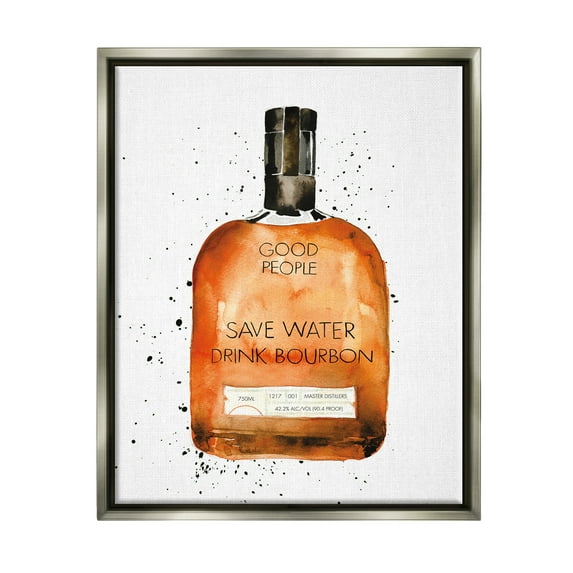 Stupell Industries Save Water Drink Bourbon Quote Common Liquor Bottle Luster Gray Framed Floating Canvas Wall Art, 16x20, by Mercedes Lopez Charro