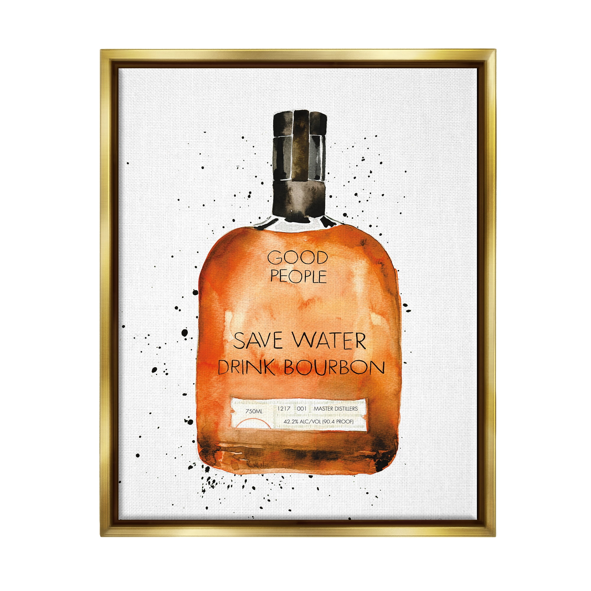 Stupell Industries Save Water Drink Bourbon Quote Common Liquor Bottle Metallic Gold Framed Floating Canvas Wall Art, 16x20, by Mercedes Lopez Charro