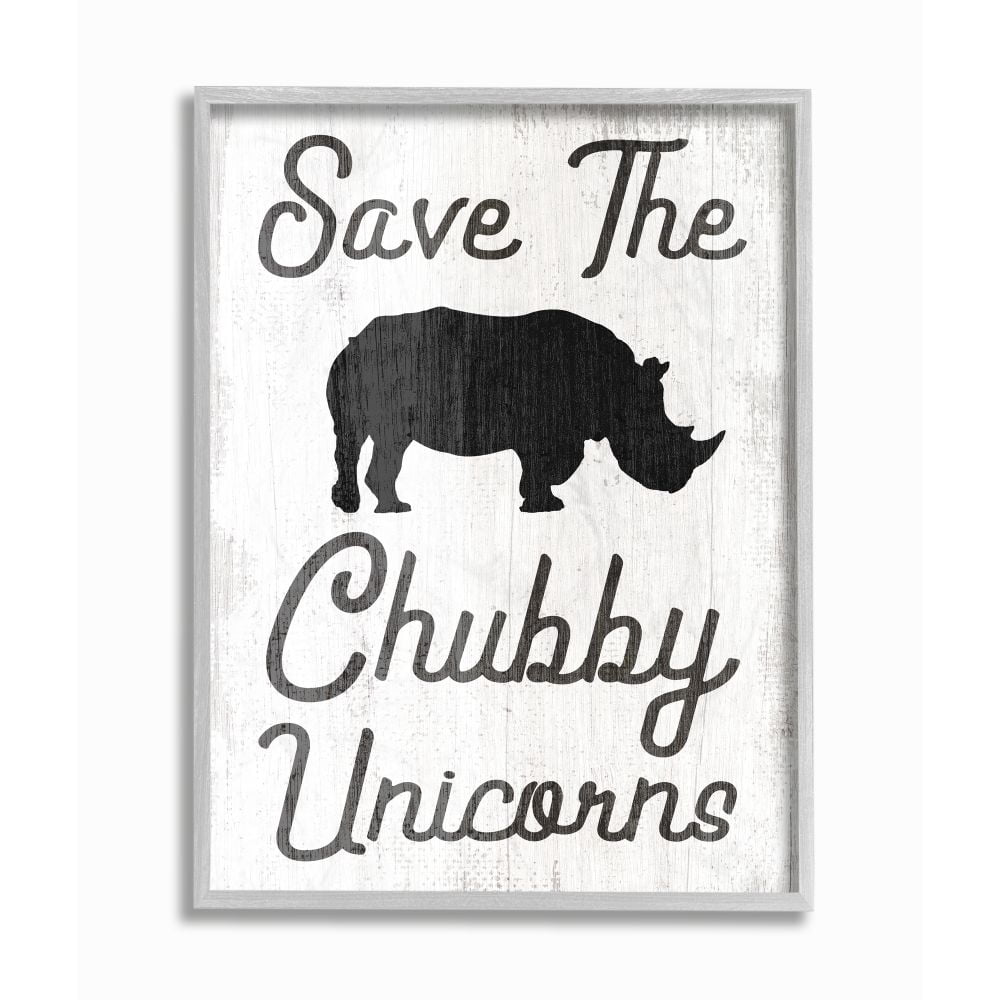 Stupell Industries Save the Chubby Unicorns Rhino Animal Humor Framed Wall Art Design by Daphne Polselli, 11" x 14", Gray Framed