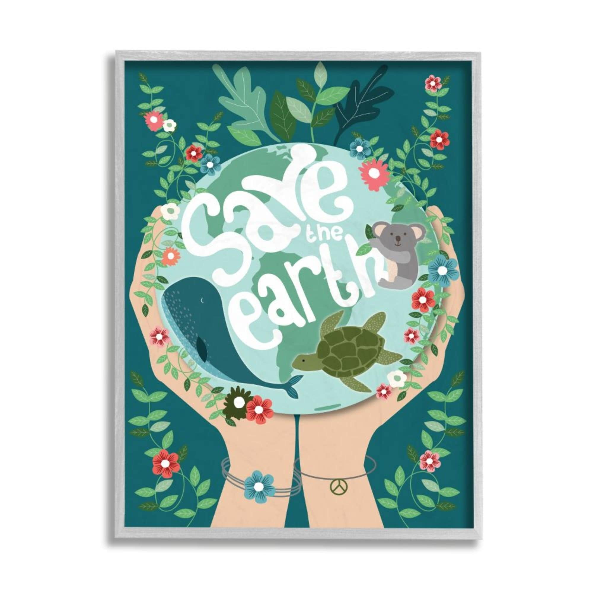 Stupell Industries Save the Earth Quote Whale Turtle Koala Animals Design by Hannah Heemsbergen