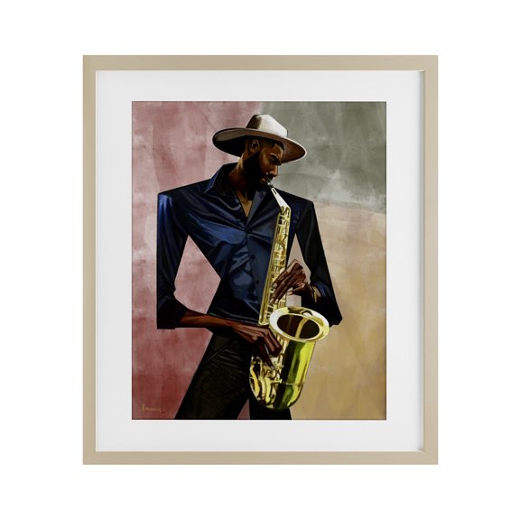 Stupell Industries Sax Player Musician Birch Framed Print Under Glass design by Manasseh Johnson Sr, 16 x 13