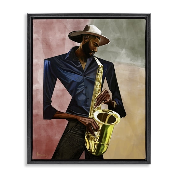 Stupell Industries Sax Player Musician Black Framed Floater Canvas Wall Art design by Manasseh Johnson Sr, 31 x 25