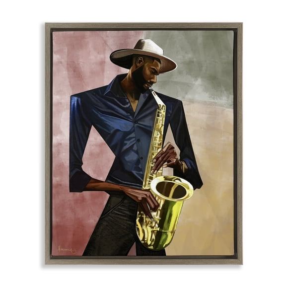 Stupell Industries Sax Player Musician Brown Framed Floater Canvas Wall Art design by Manasseh Johnson Sr, 31 x 25