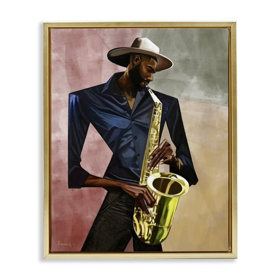 Stupell Industries Sax Player Musician Gold Framed Floater Canvas Wall Art design by Manasseh Johnson Sr, 31 x 25