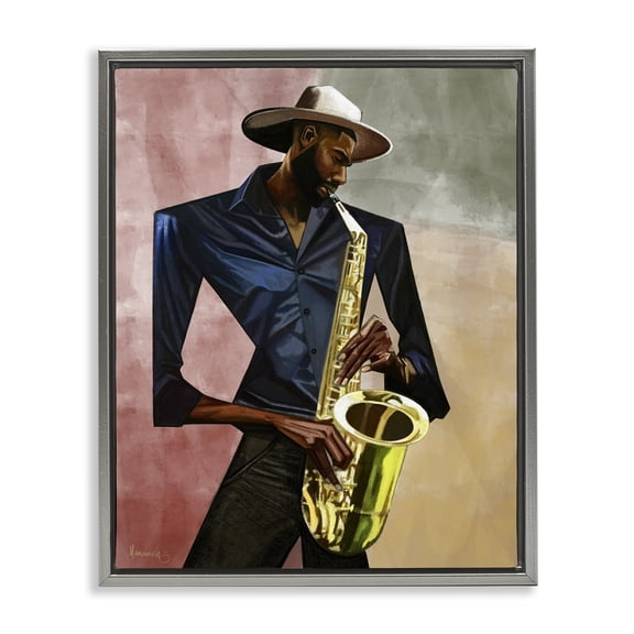 Stupell Industries Sax Player Musician Gray Framed Floater Canvas Wall Art design by Manasseh Johnson Sr, 31 x 25