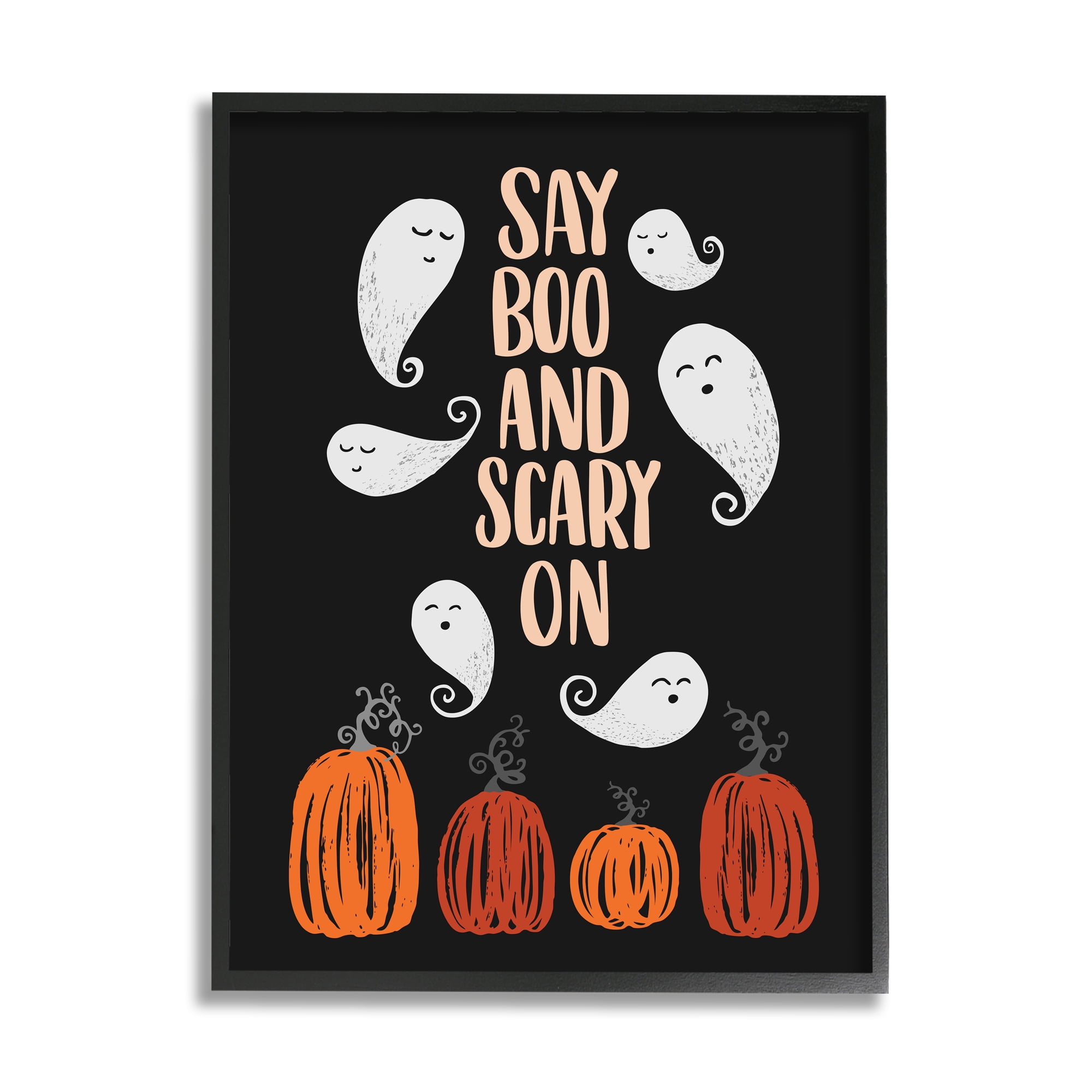 Stupell Industries Say Boo and Scary On Whimsical Halloween Expression Inspirational Painting Black Framed Art Print Wall Art, 11 x 14