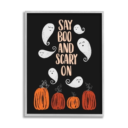 Stupell Industries Say Boo and Scary On Whimsical Halloween Expression Inspirational Painting Gray Framed Art Print Wall Art, 11 x 14