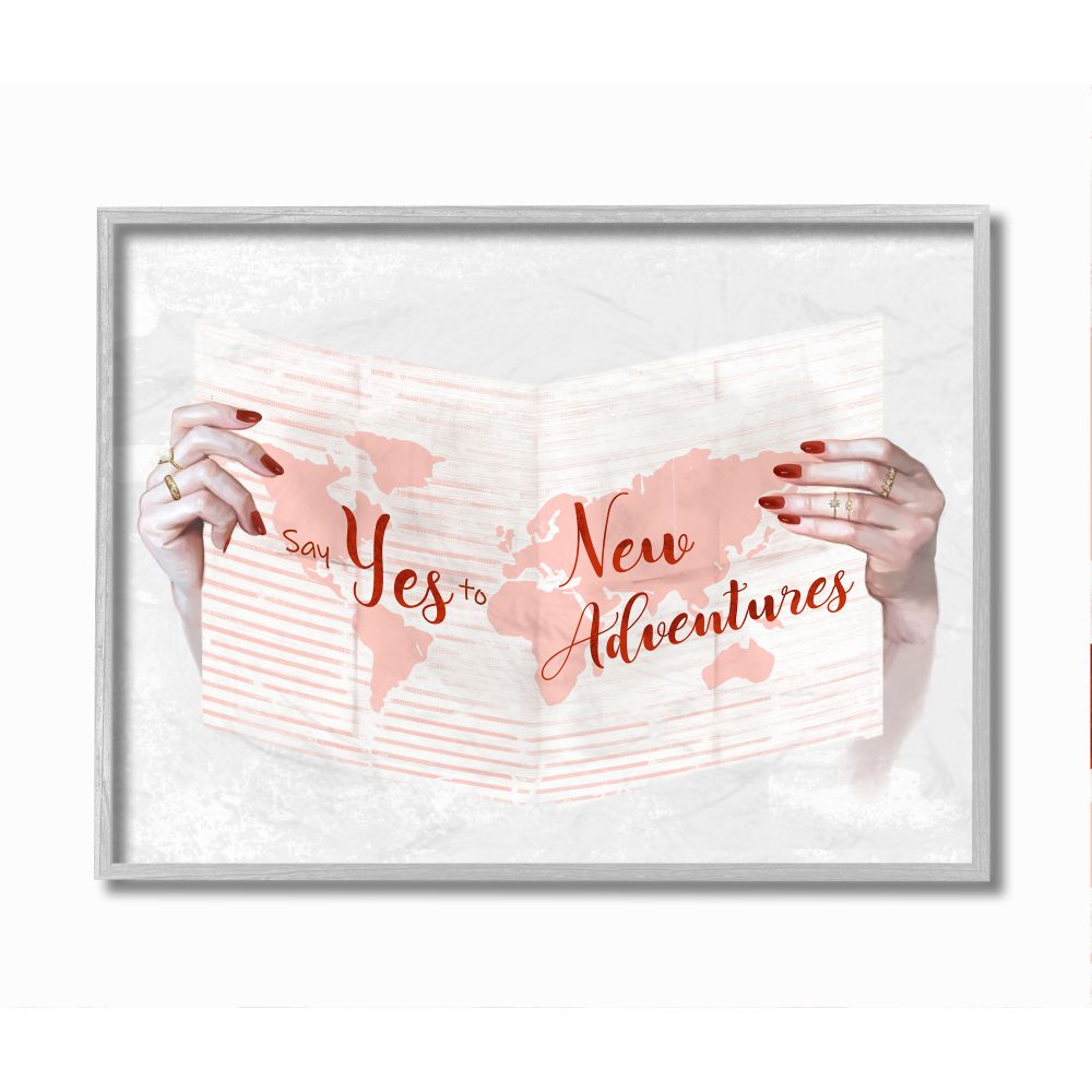 Stupell Industries Say Yes to New Adventures Red Text Travel Sentiments Beauty & Fashion Painting Gray Framed Art Print Wall Art, 16 x 20