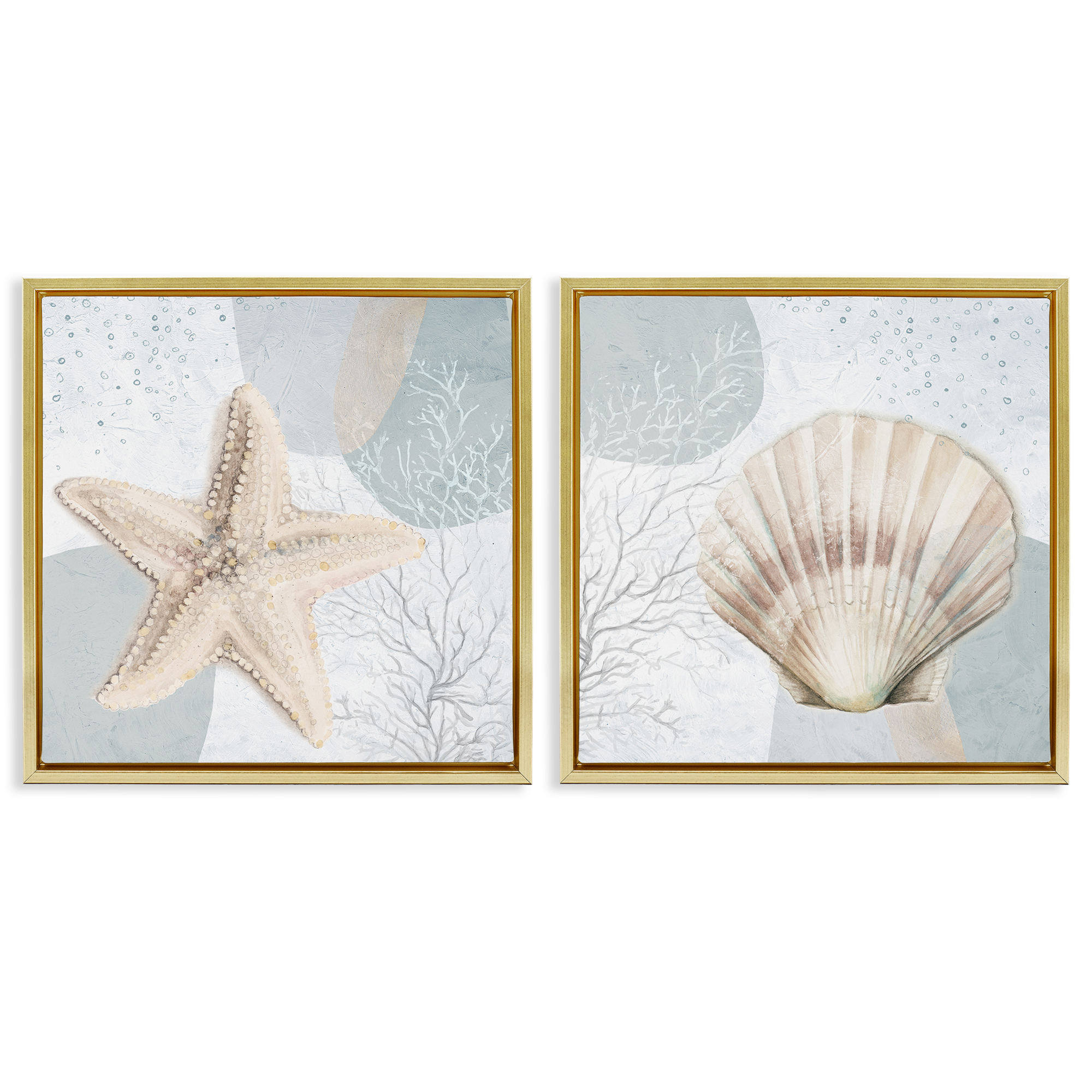 Stupell Industries Scallop Starfish Sealife Nautical & Beach Painting Gold Floater Framed Canvas Art Print Wall Art, 25 x 25, Set of 2
