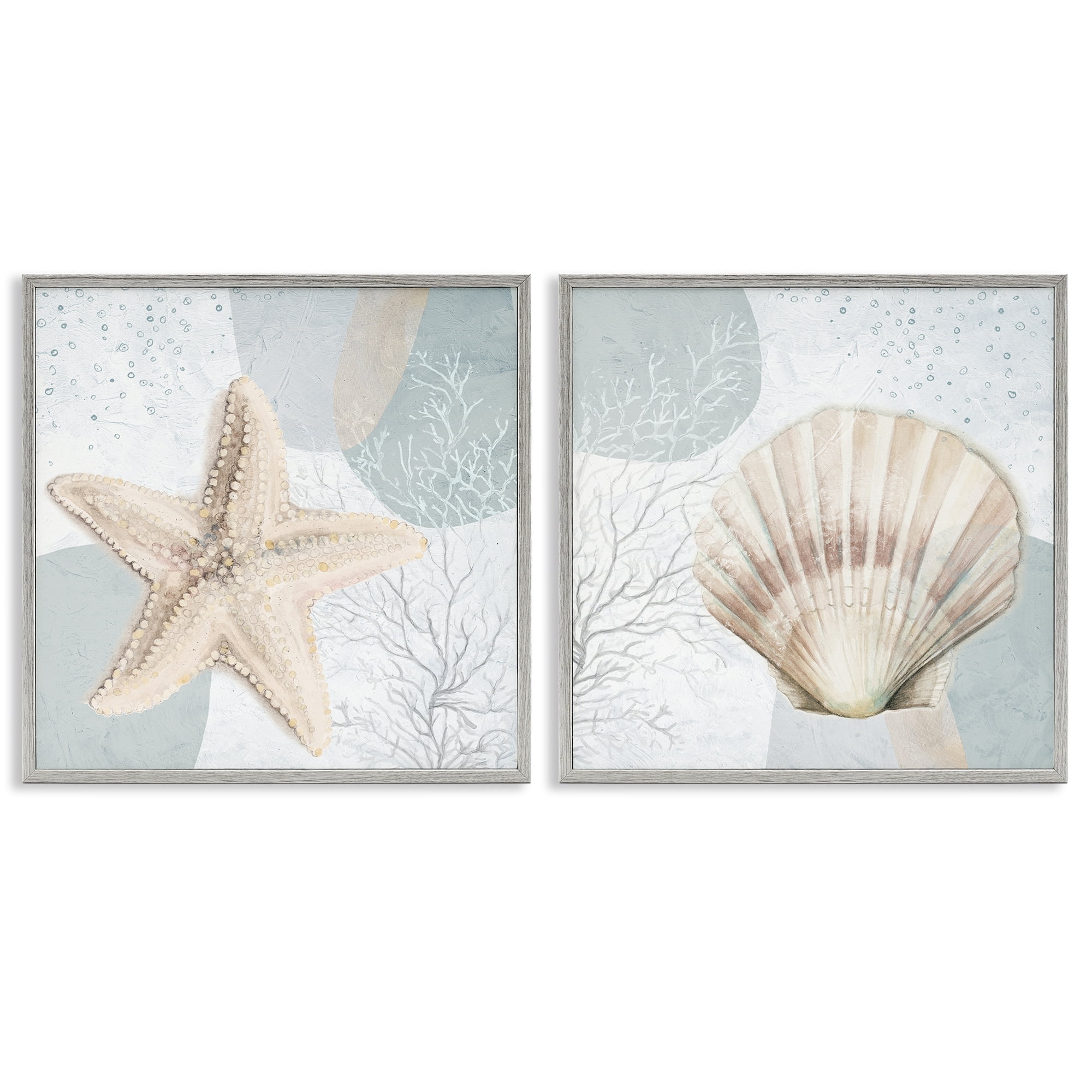 Stupell Industries Scallop Starfish Sealife Nautical & Beach Painting Gray Framed Art Print Wall Art, 12 x 12, Set of 2