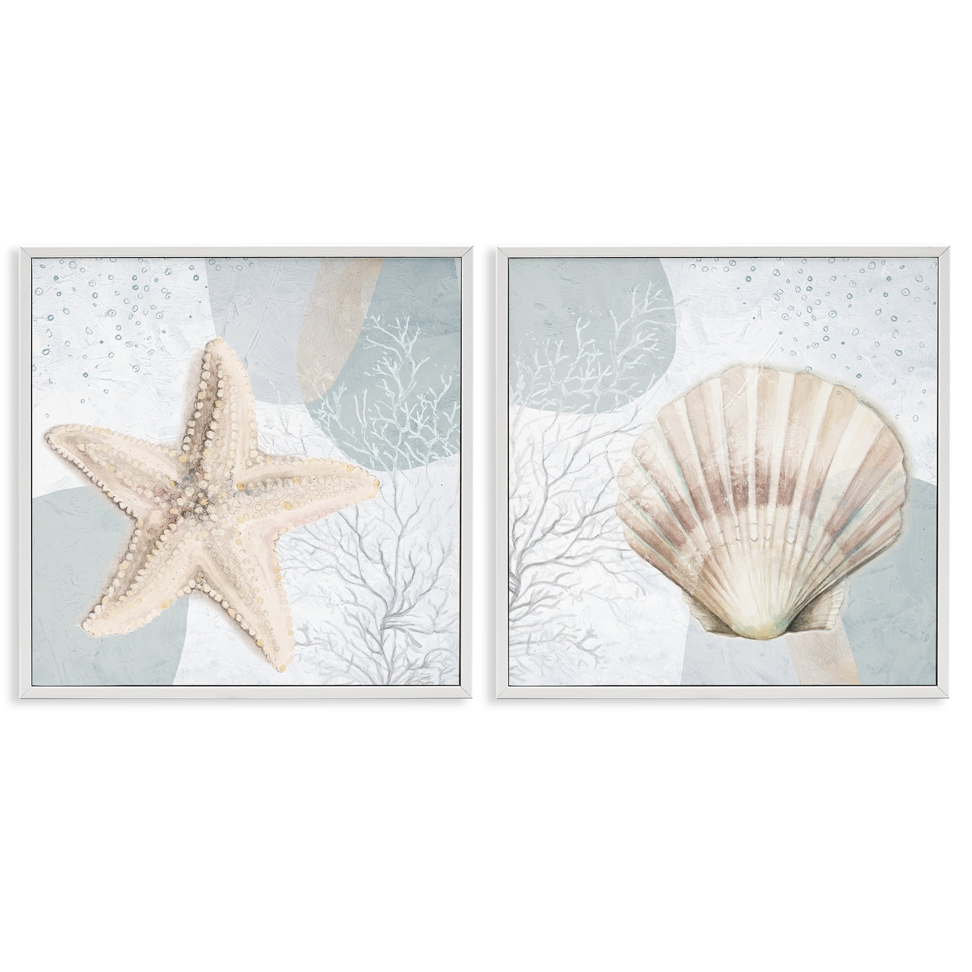 Stupell Industries Scallop Starfish Sealife Nautical & Beach Painting White Framed Art Print Wall Art, 17 x 17, Set of 2