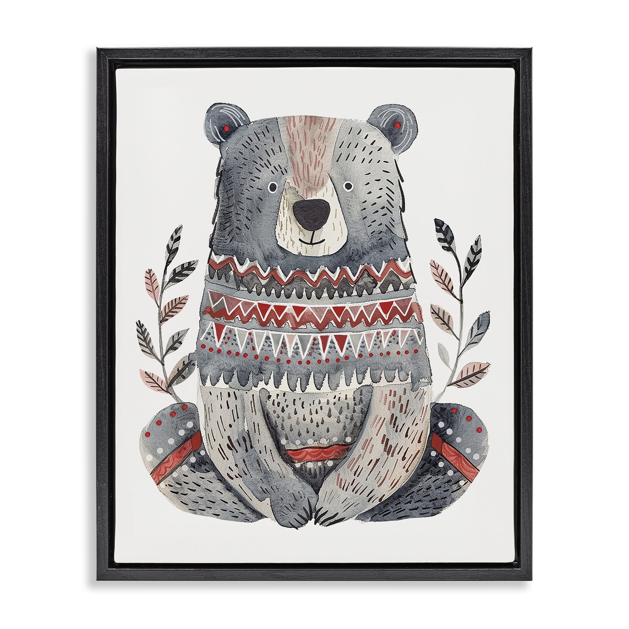 Stupell Industries Scandinavian Style Bear Animals Painting Black Floater Framed Canvas Art Print Wall Art, 25 x 31
