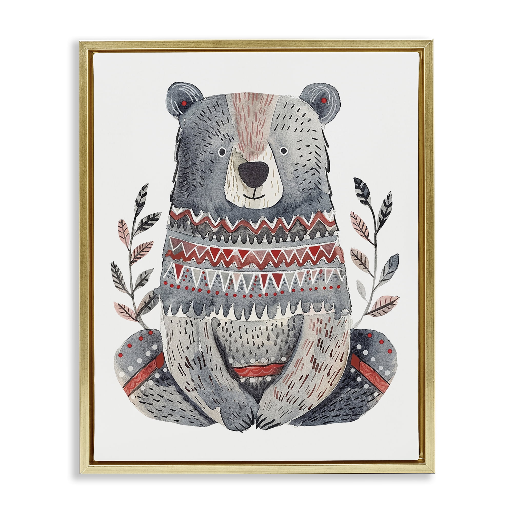 Stupell Industries Scandinavian Style Bear Animals Painting Gold Floater Framed Canvas Art Print Wall Art, 25 x 31