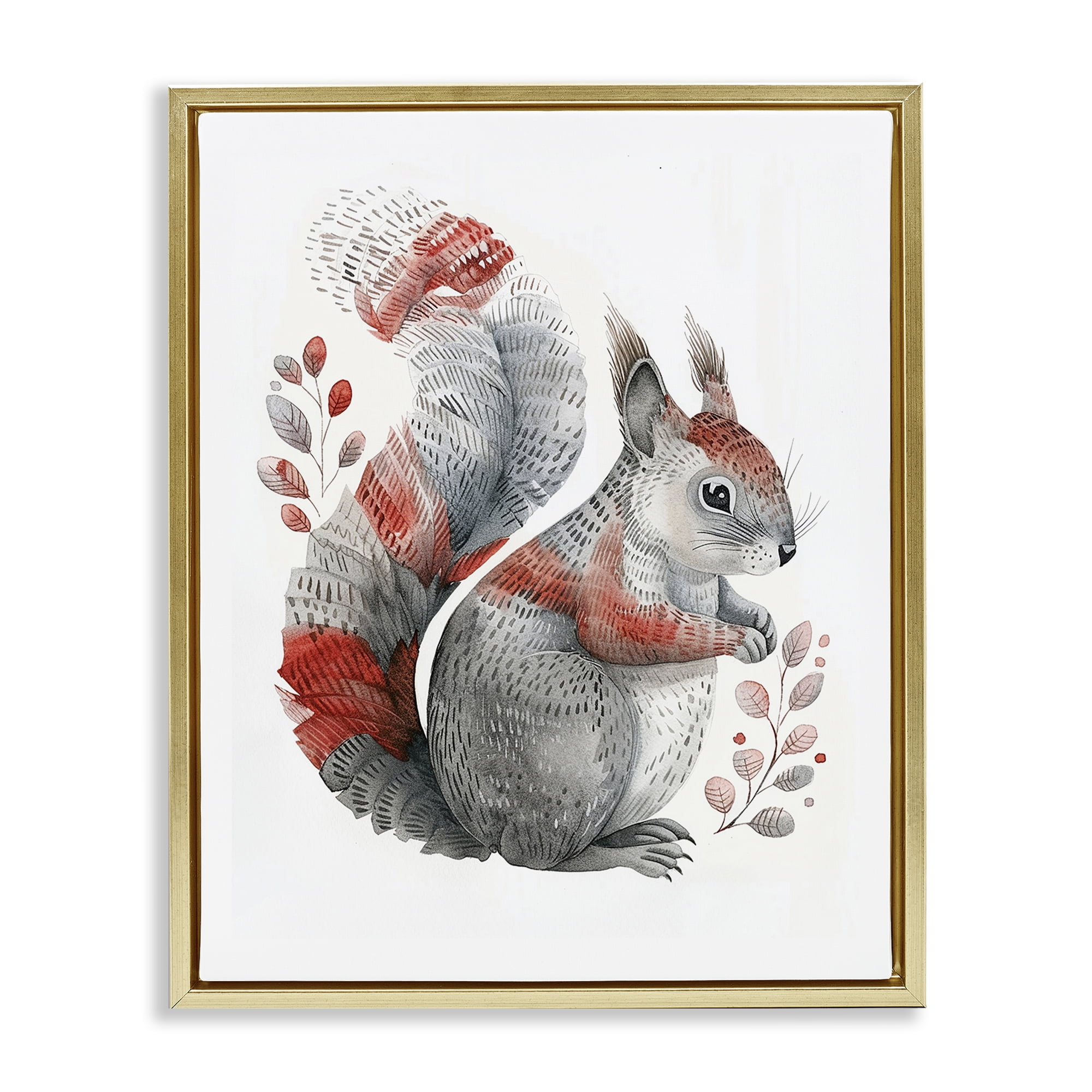 Stupell Industries Scandinavian Style Squirrel Animals Painting Gold Floater Framed Canvas Art Print Wall Art, 25 x 31