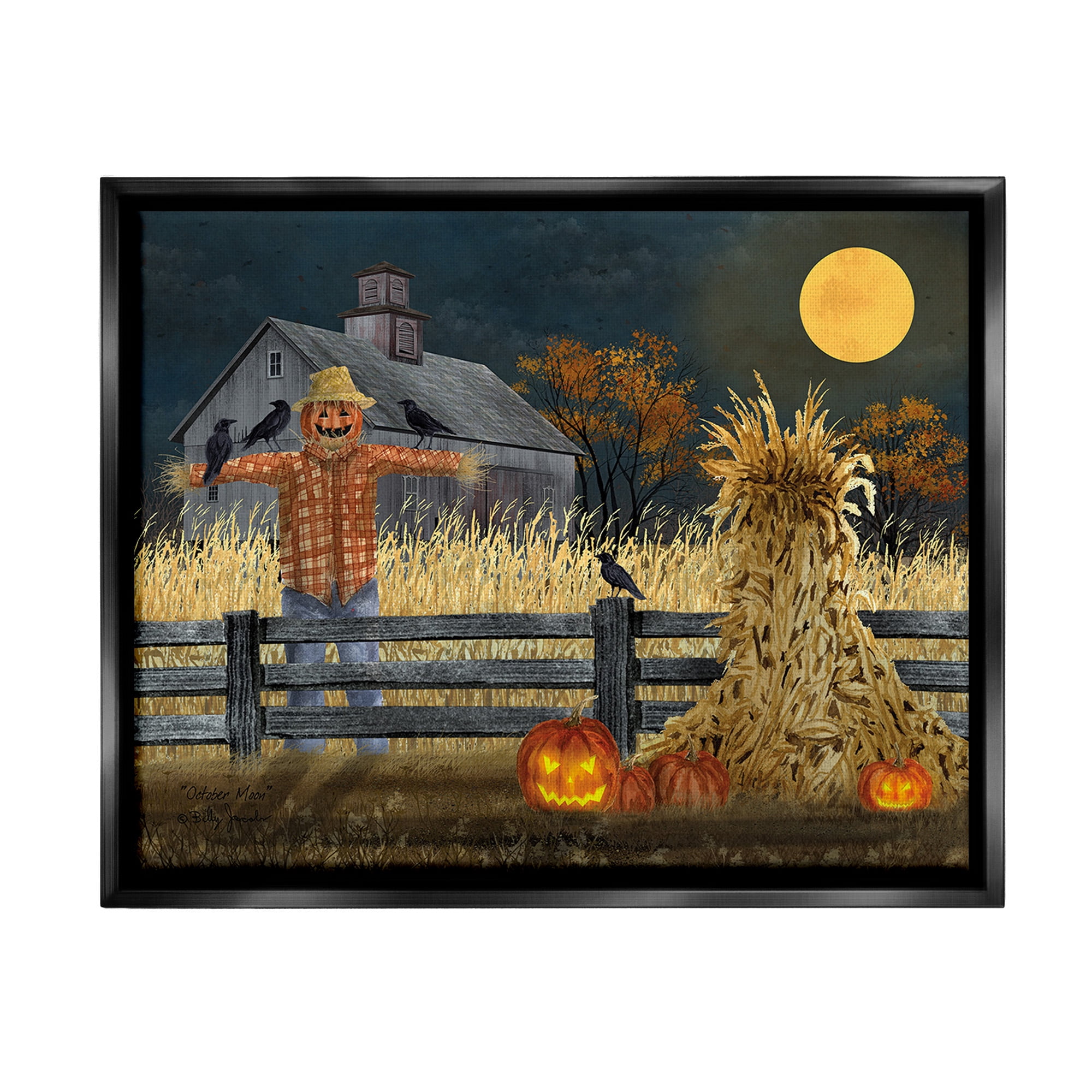 Stupell Industries Scarecrow Farm Landscape Holiday Painting Black Floater Framed Canvas Art Print Wall Art, 21 x 17