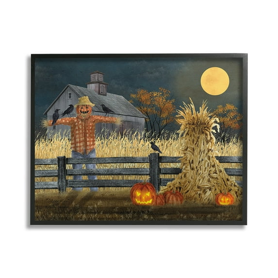 Stupell Industries Scarecrow Farm Landscape Holiday Painting Black Framed Art Print Wall Art, 30 x 24