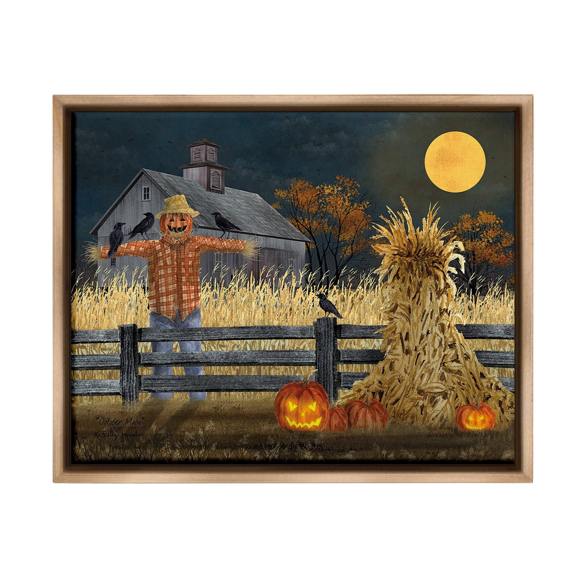 Stupell Industries Scarecrow Farm Landscape Holiday Painting Brown Floater Framed Canvas Art Print Wall Art, 31 x 25