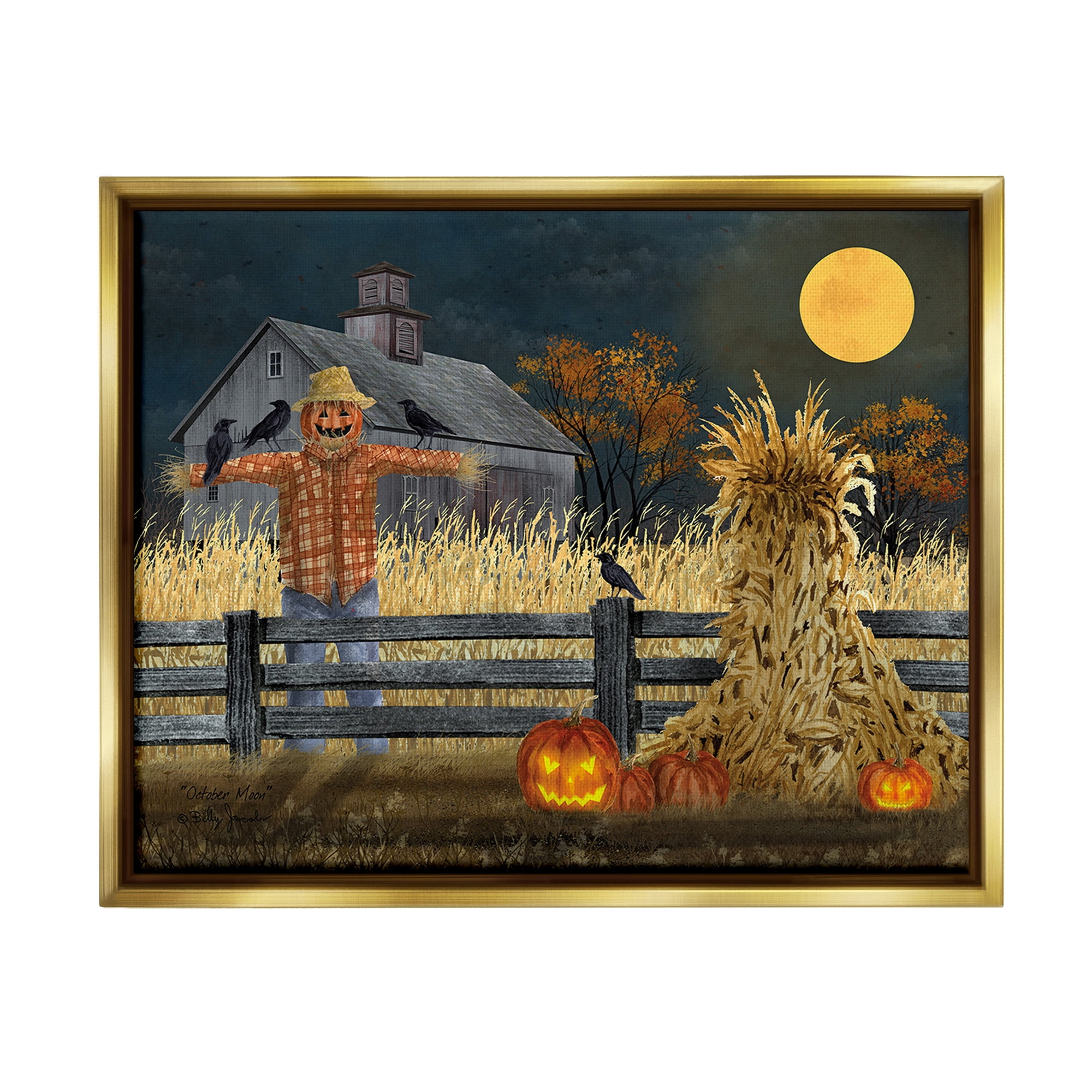 Stupell Industries Scarecrow Farm Landscape Holiday Painting Gold Floater Framed Canvas Art Print Wall Art, 21 x 17