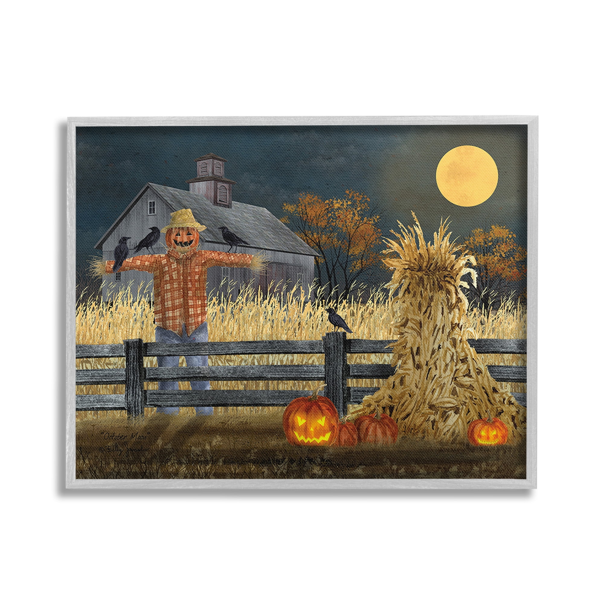 Stupell Industries Scarecrow Farm Landscape Holiday Painting Gray Framed Art Print Wall Art, 30 x 24