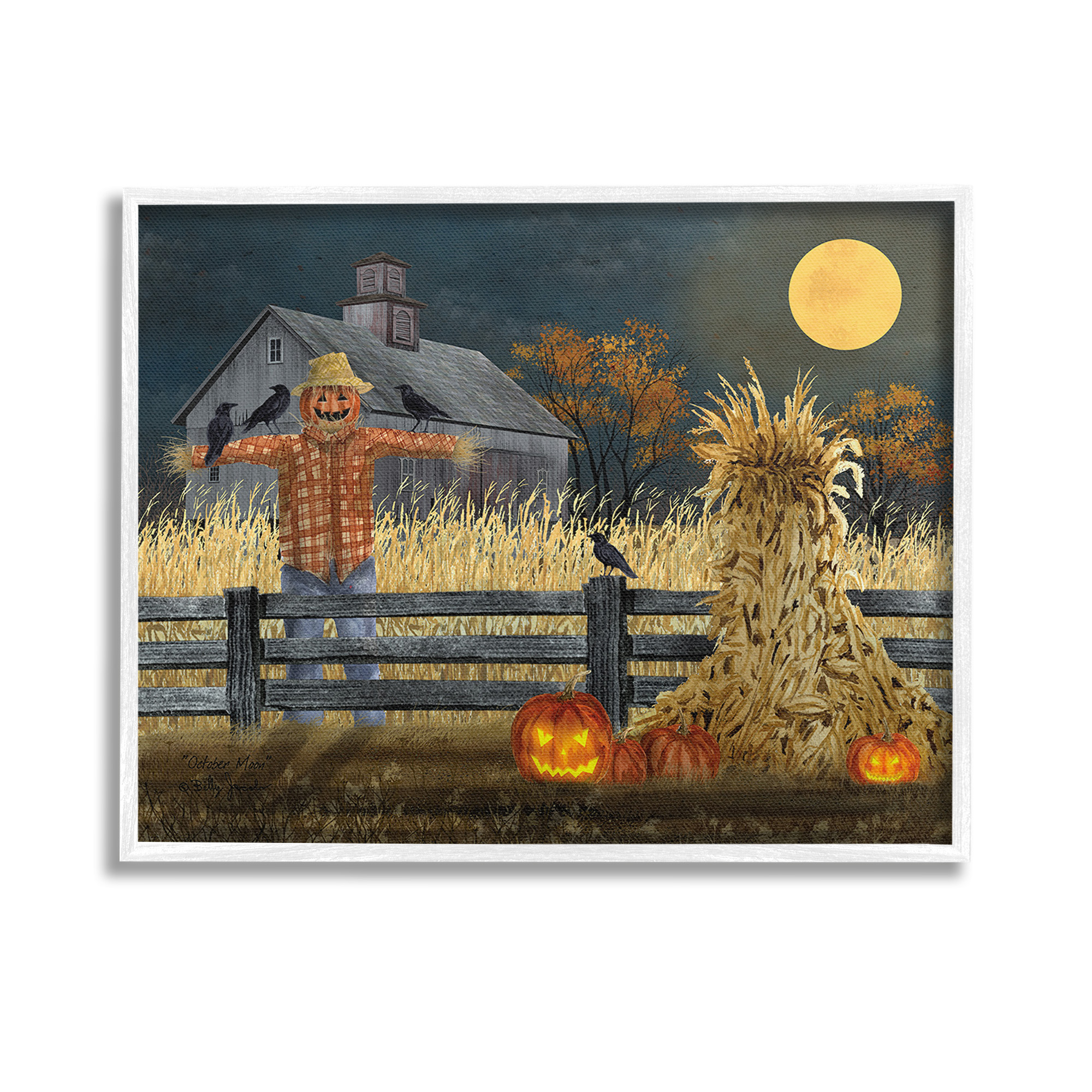Stupell Industries Scarecrow Farm Landscape Holiday Painting White Framed Art Print Wall Art, 14 x 11
