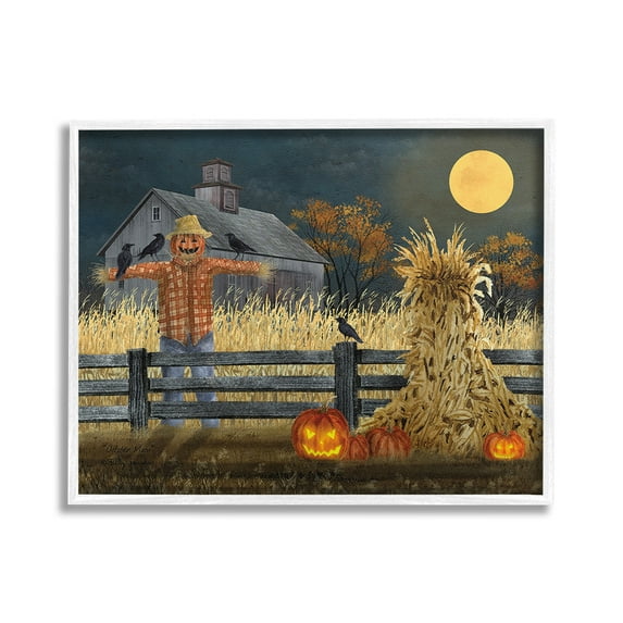 Stupell Industries Scarecrow Farm Landscape Holiday Painting White Framed Art Print Wall Art, 30 x 24