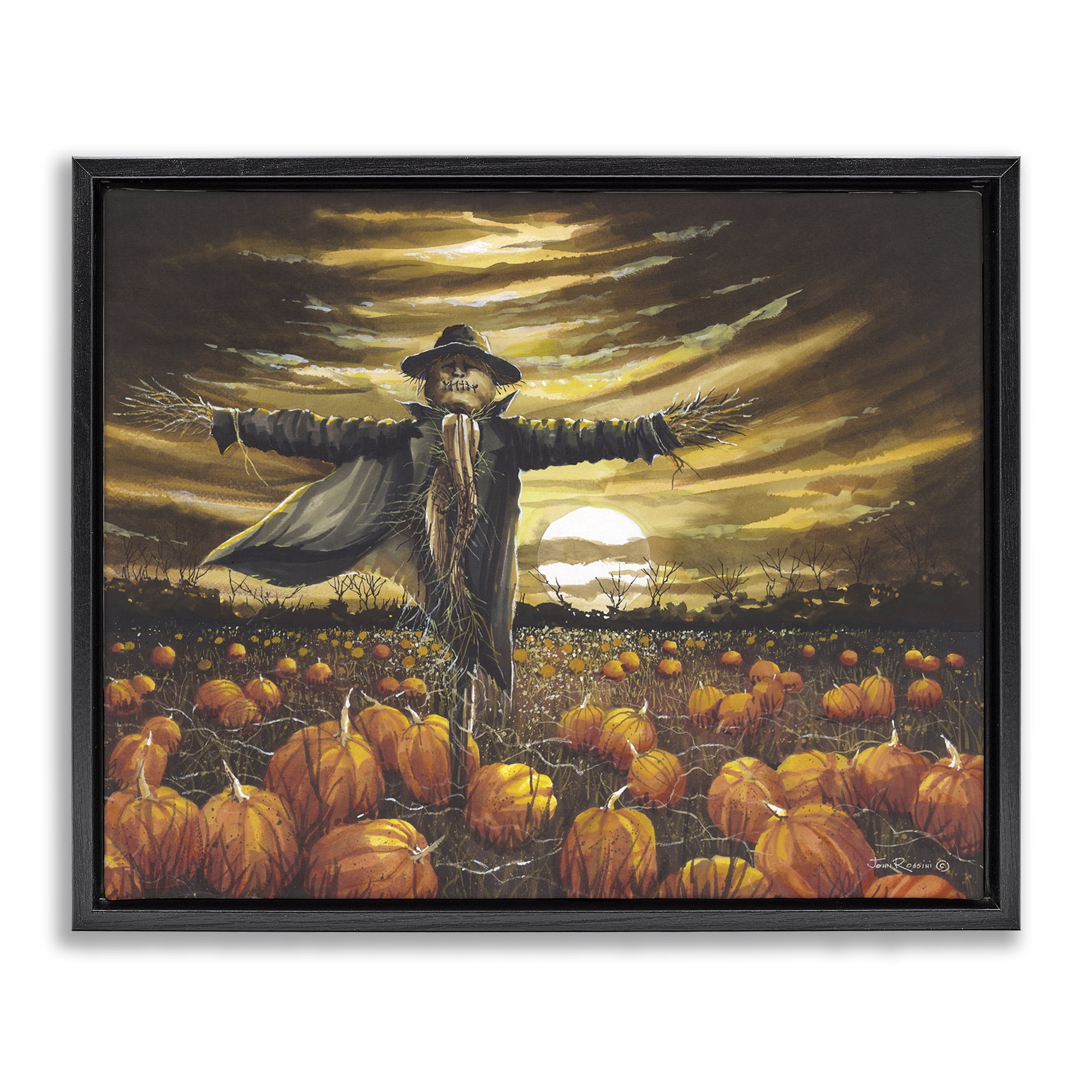 Stupell Industries Scarecrow in Pumpkin Field Holiday Painting Black Floater Framed Canvas Art Print Wall Art, 21 x 17