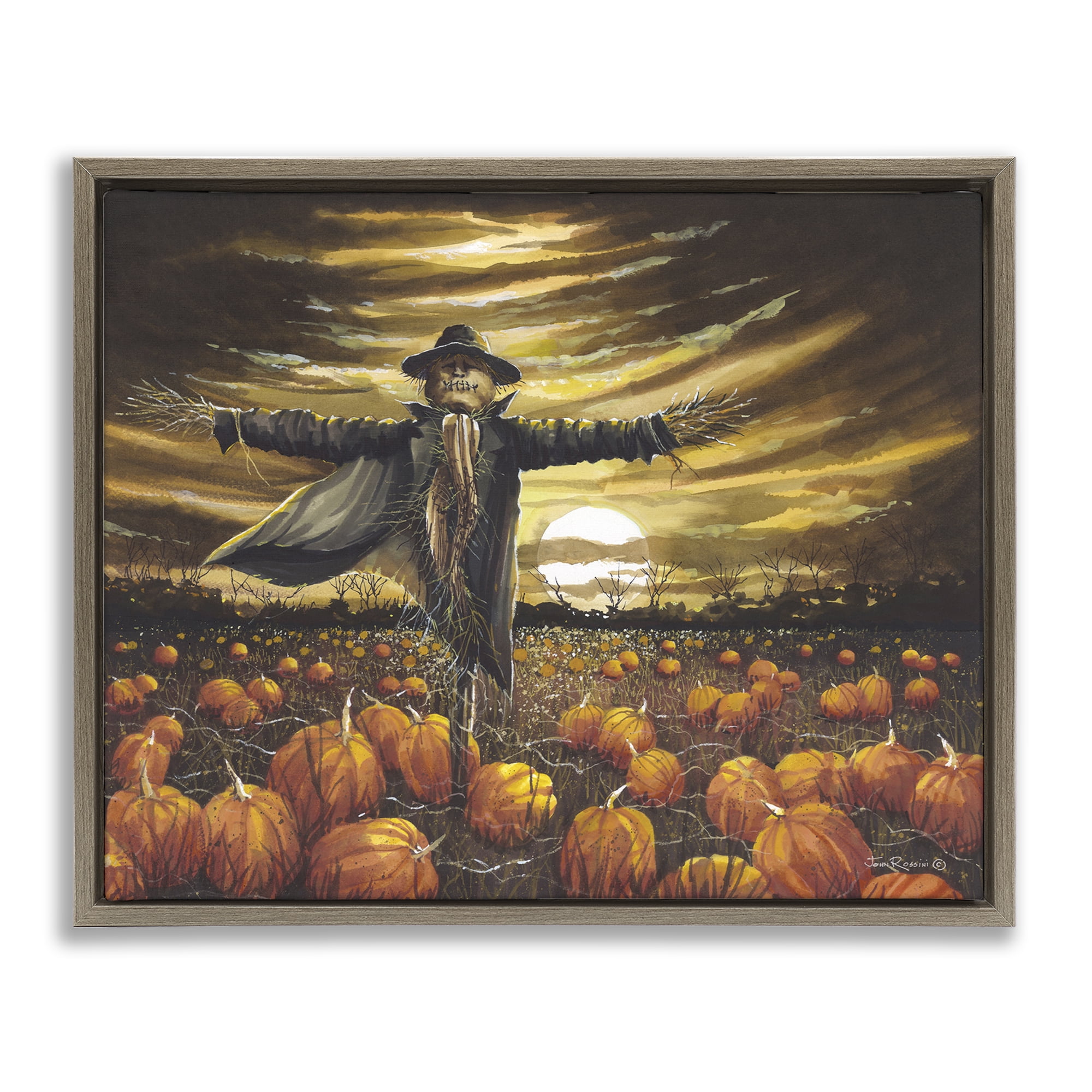 Stupell Industries Scarecrow in Pumpkin Field Holiday Painting Brown Floater Framed Canvas Art Print Wall Art, 21 x 17