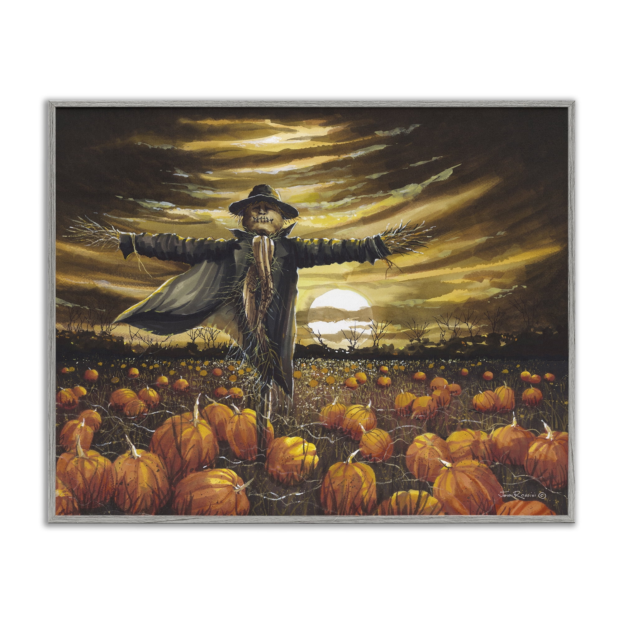 Stupell Industries Scarecrow in Pumpkin Field Holiday Painting Gray Framed Art Print Wall Art, 14 x 11